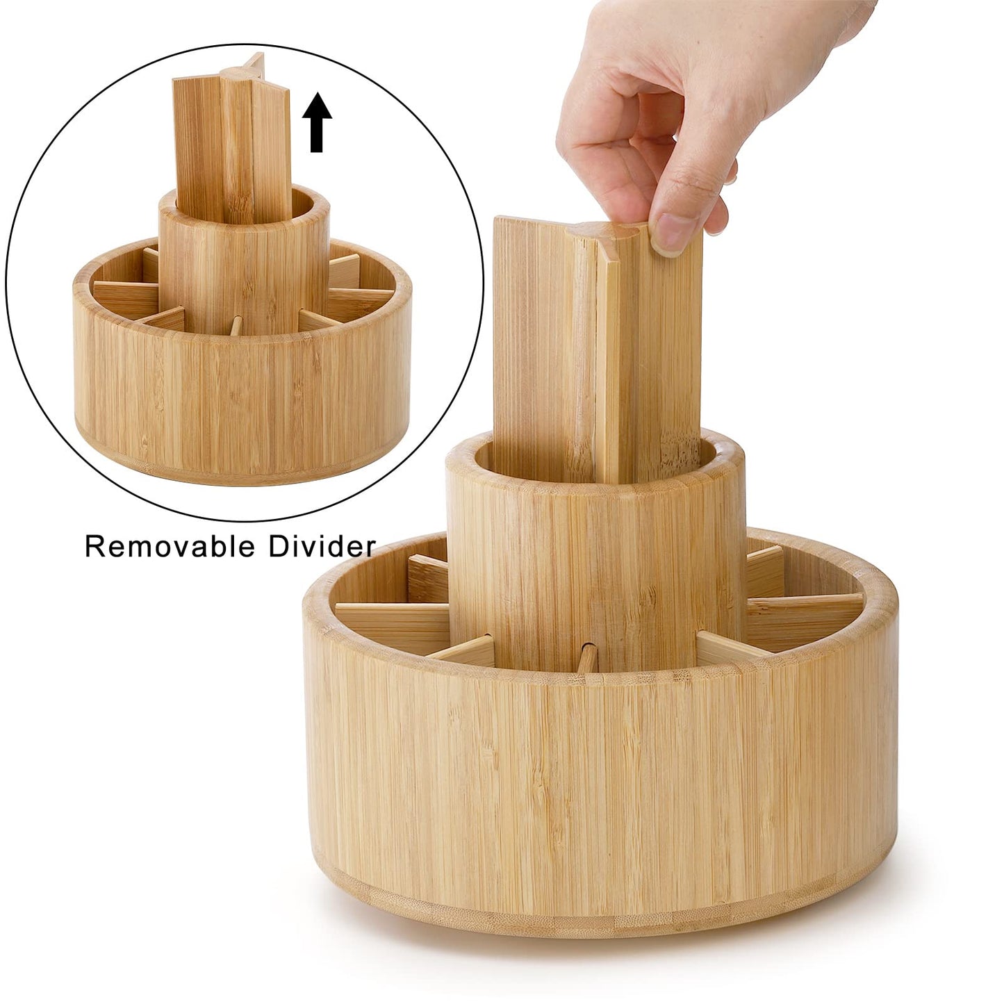SOUJOY Bamboo Pen Holder Organizer, 360°Rotating Art Supply Organizer with 11 Compartments, Color