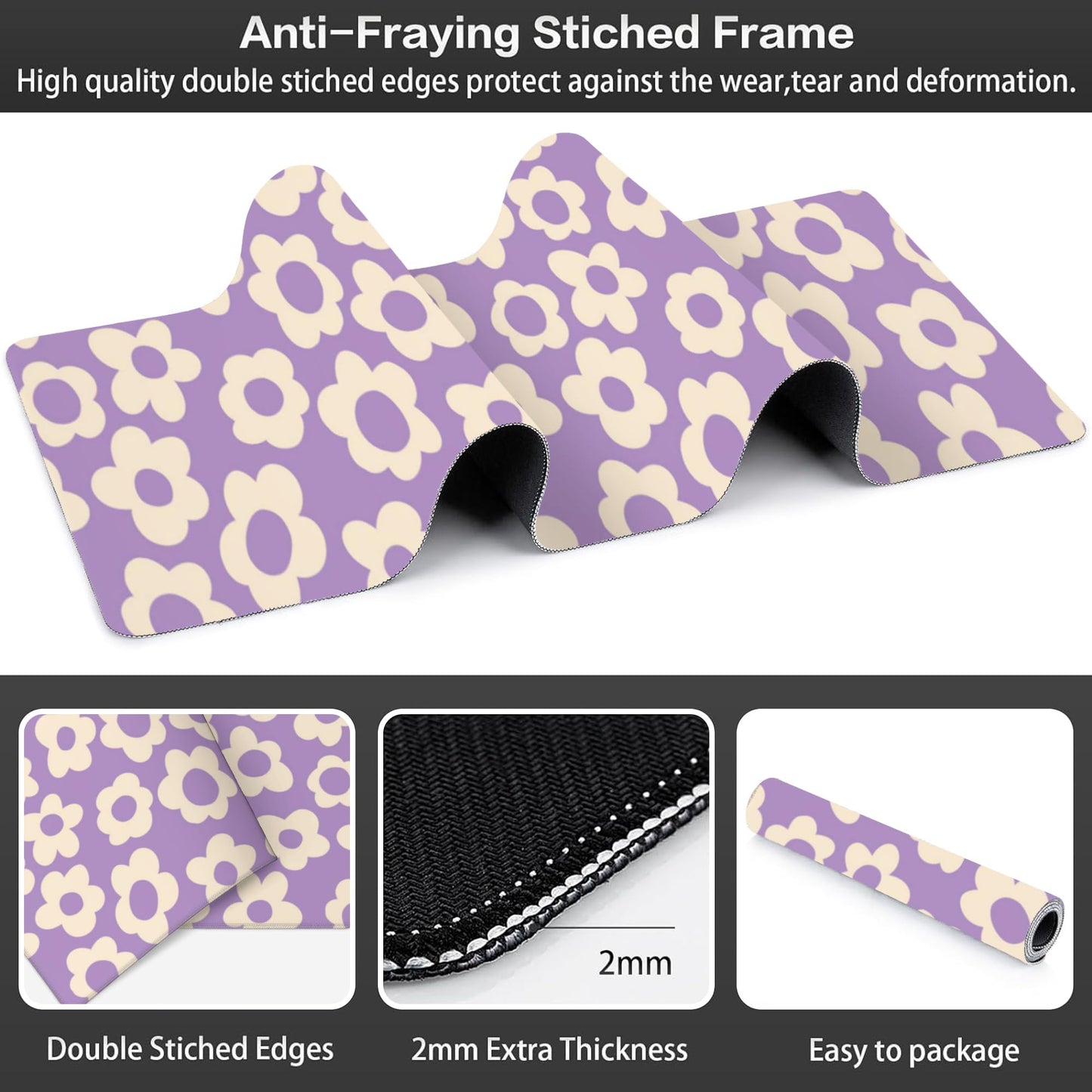 Purple Groovy Flowers Desk Mat,Large Vintage Floral Gaming Keyboard Mouse Pad,Non-Slip Rubber Base