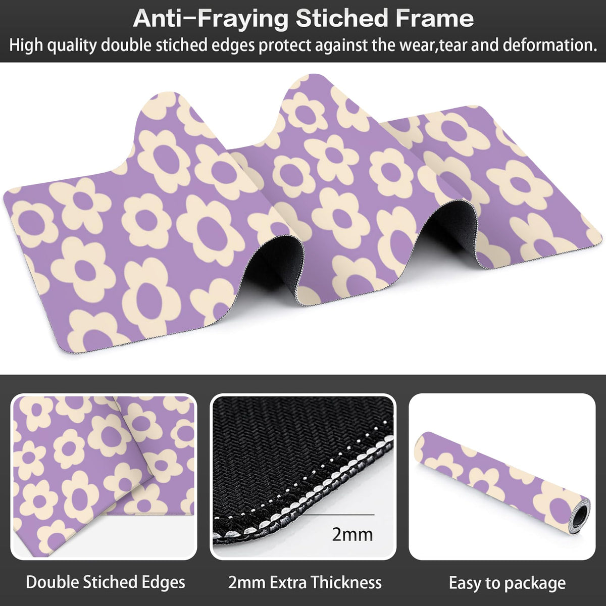 Purple Groovy Flowers Desk Mat,Large Vintage Floral Gaming Keyboard Mouse Pad,Non-Slip Rubber Base