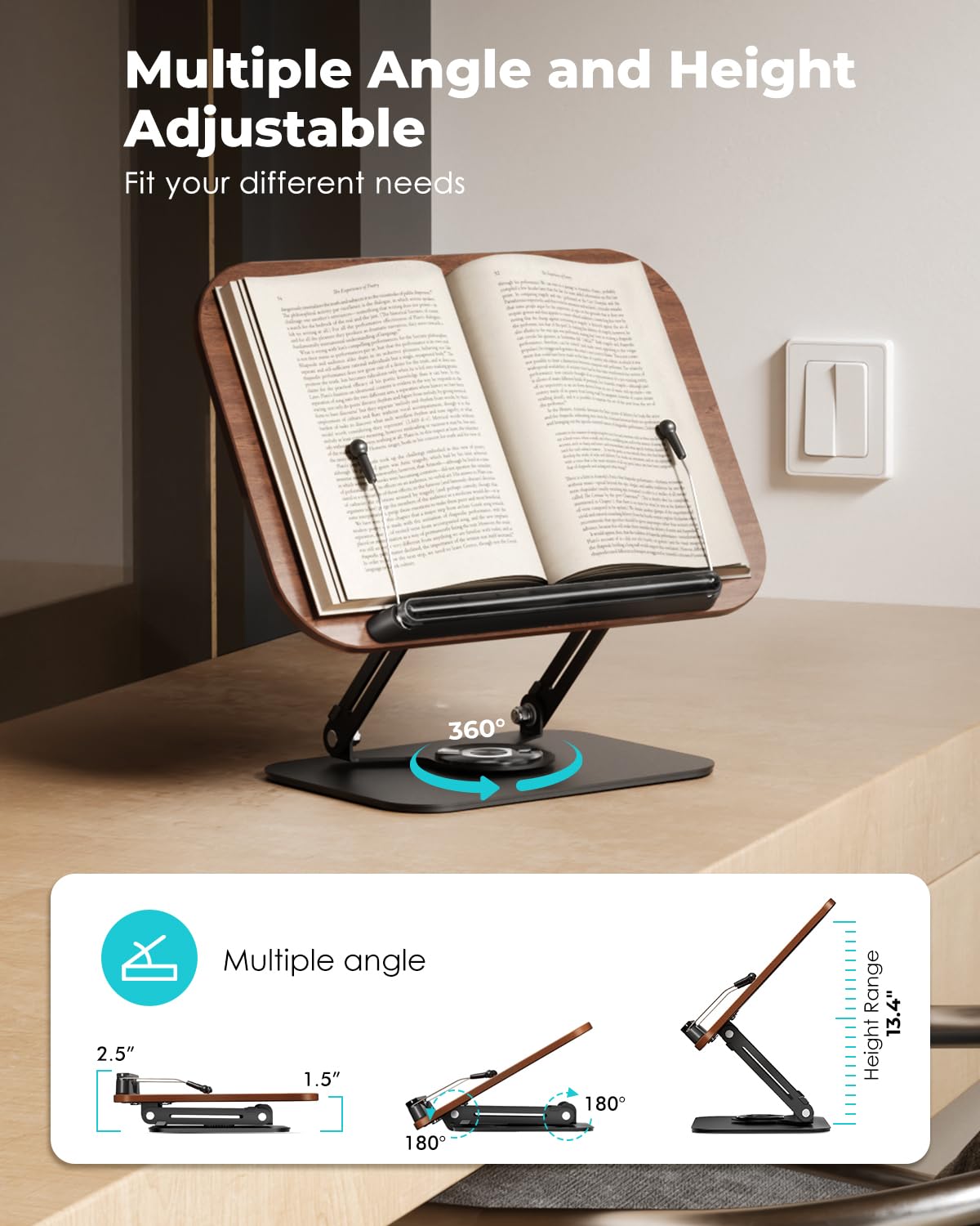 Viozon Book Stand for Reading,Book Holder, Height&Angle Adjustable, 360° Rotating Base, Foldable