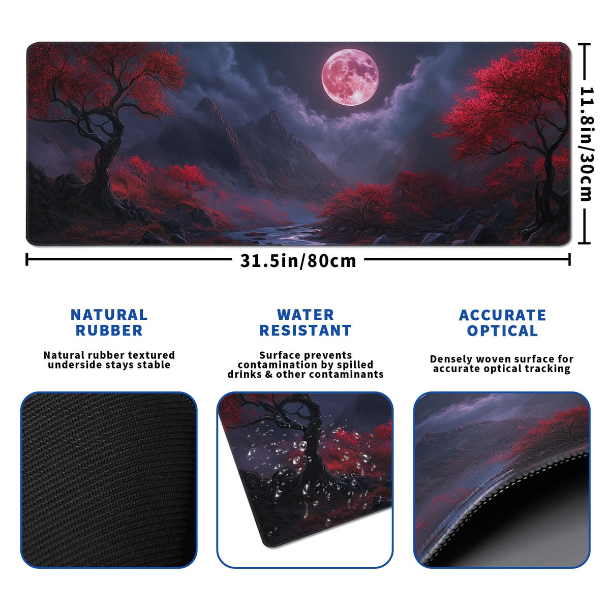 Darkness Red Moon Mouse Pad Abstract Red Mouse Pad 31.5x11.8 Inch Texture Non-Slip Rubber Base