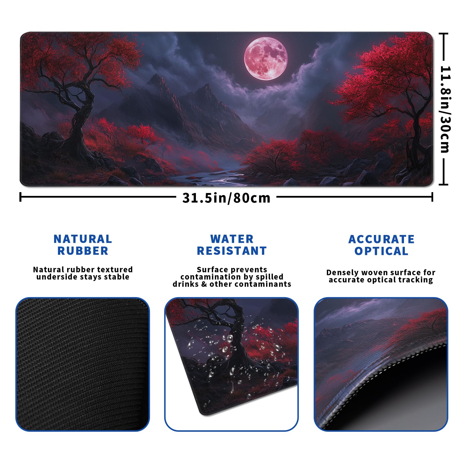 Darkness Red Moon Mouse Pad Abstract Red Mouse Pad 31.5x11.8 Inch Texture Non-Slip Rubber Base
