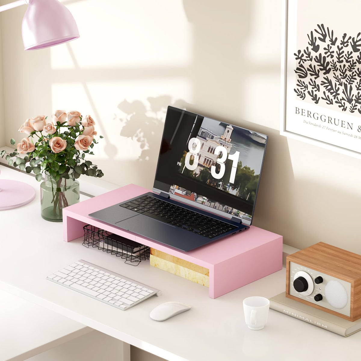 TEAMIX Pink Monitor Riser-20L inch, Wood Monitor Stand for Desk, Sturdy TV/Screen/PC/Printer/Laptop