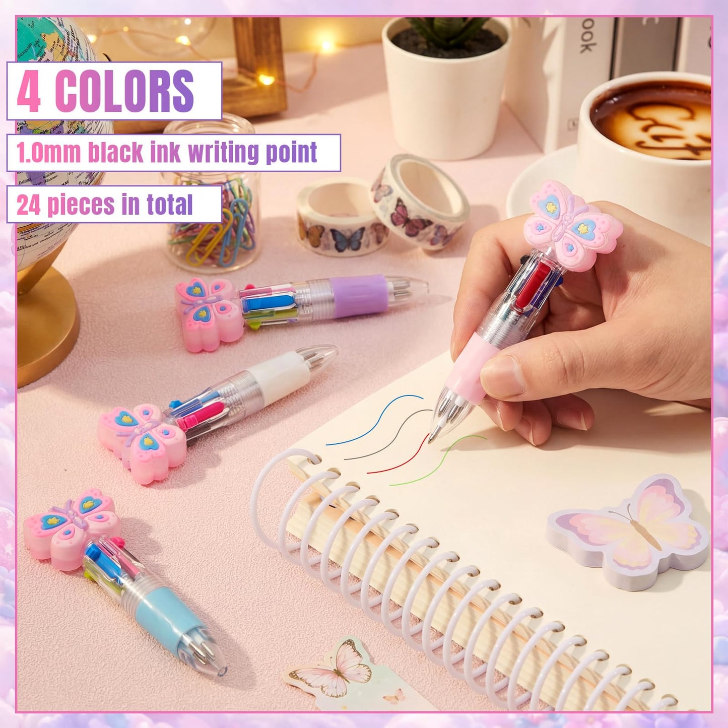 Kosiz 24 Pack Butterfly Party Favors Multicolor 4 in 1 0.5mm Ballpoint Pen