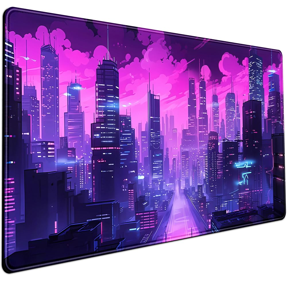 Cyberpunk Neon Purple City Gaming Desk Mouse Pad XL Pink Extended Mouse Pad Gaming, Keyboard Pc