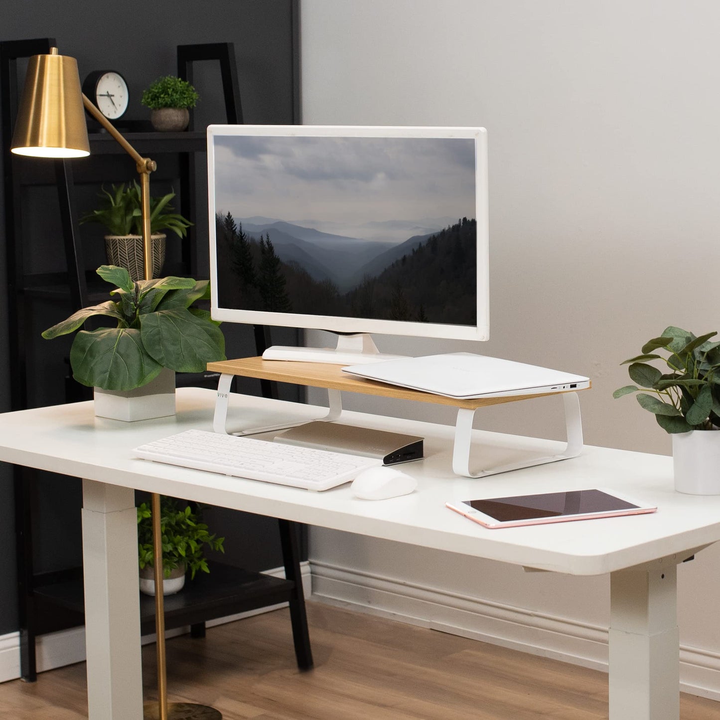VIVO 24 inch Monitor Stand, Wood and Steel Desktop Riser, Screen, Keyboard, Laptop, Small TV