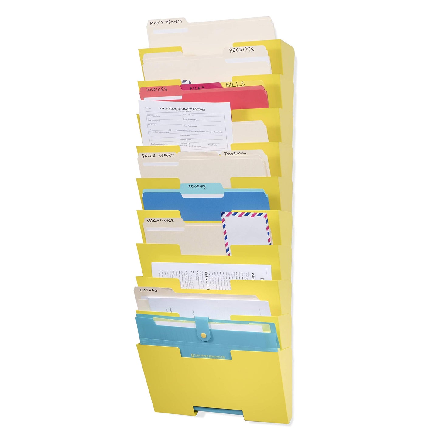 Wallniture Lisbon 10-Tier Metal Wall File Holder Organizer for Organization and Storage, Yellow