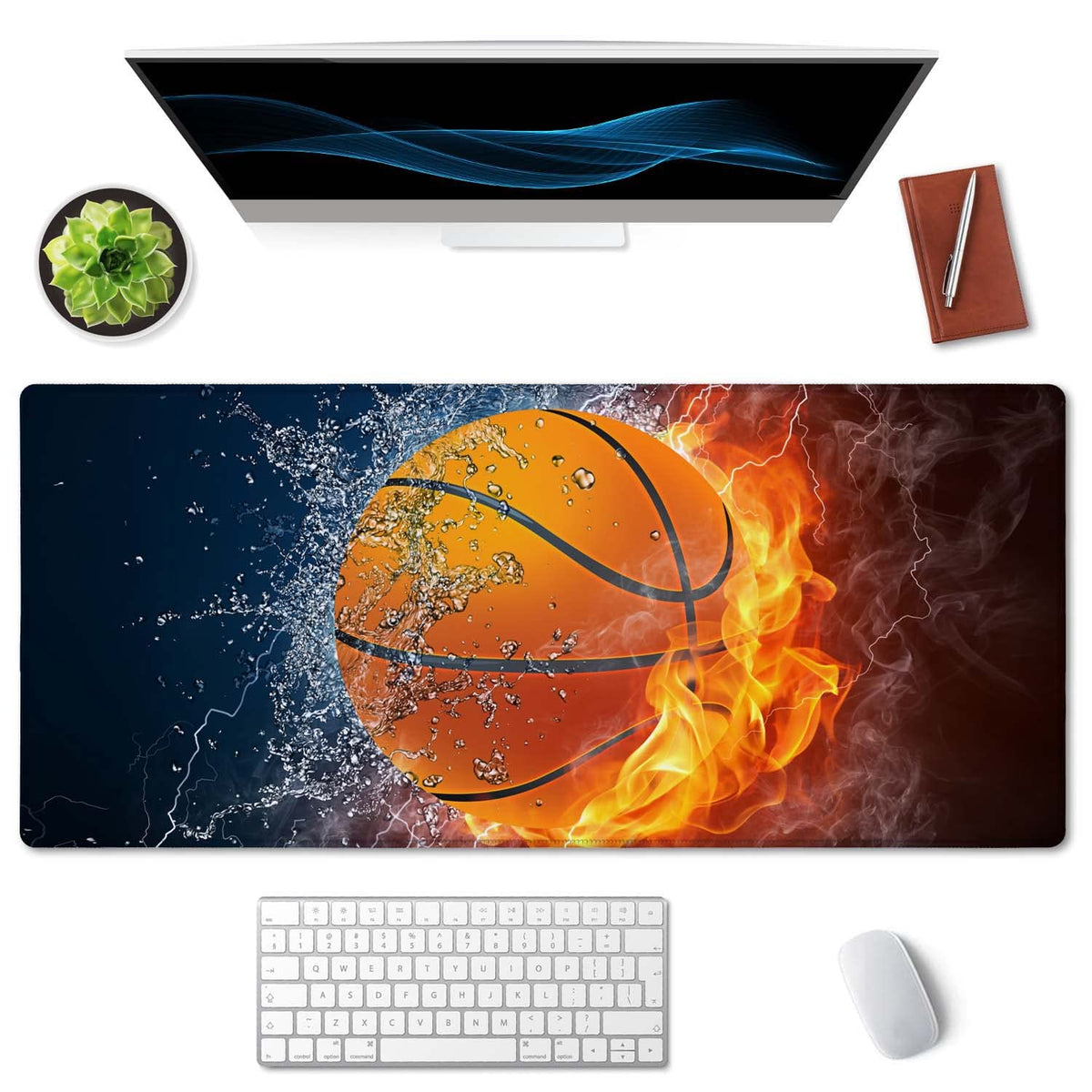 SSOIU Extended Gaming Mouse Pad (35.5x15.7 in), Basketball Ball in Fire and Water Large Non-Slip