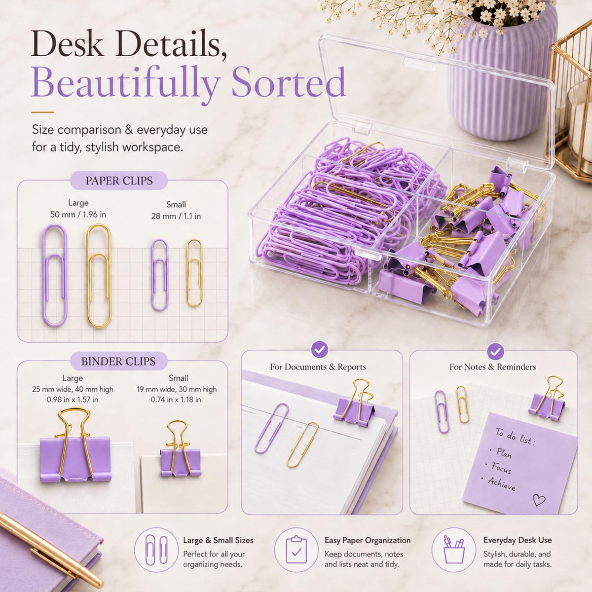Creechwa Paper Clips and Binder Clips Set, Purple & Gold, Assorted Size
