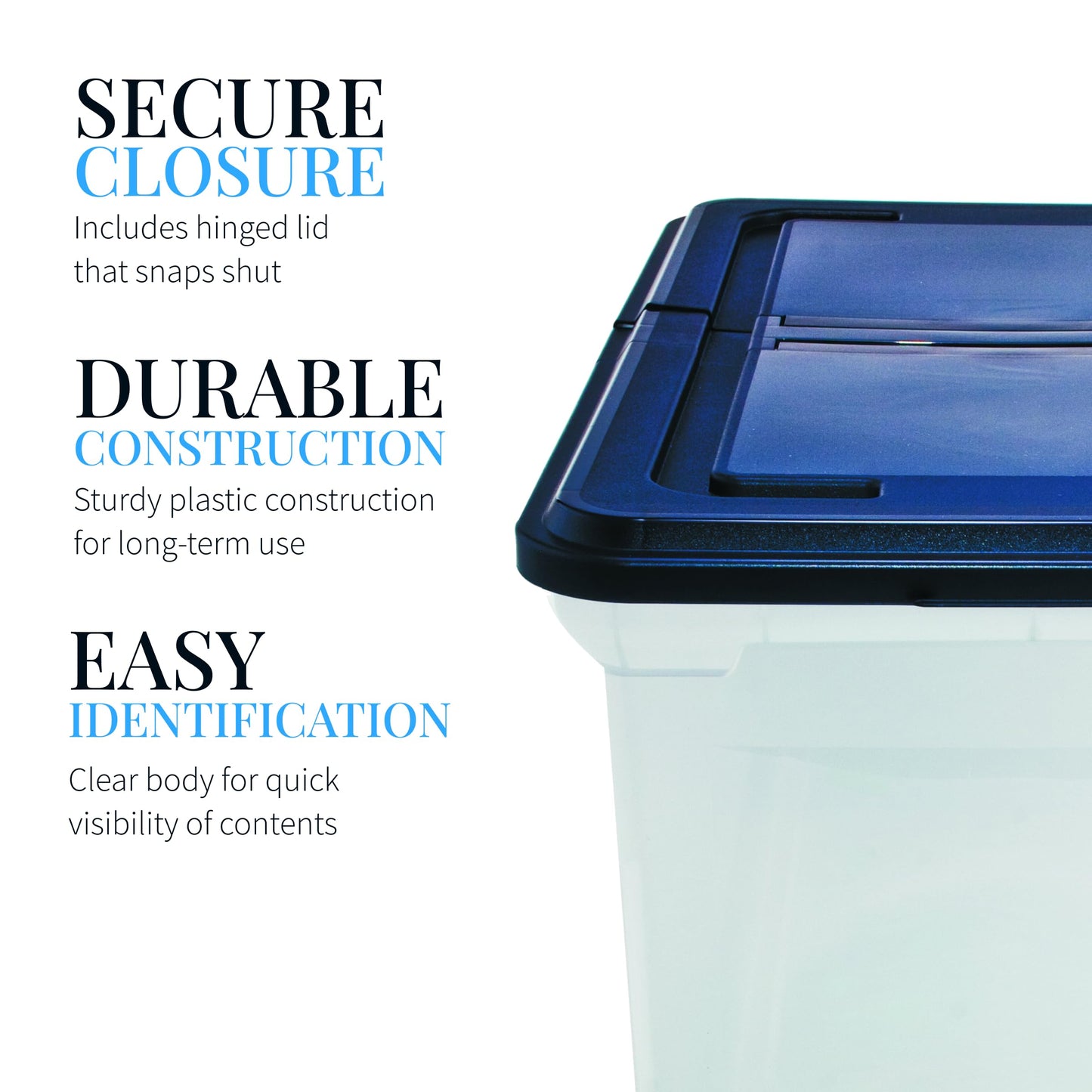 Innovative Storage Designs 55797 File Tote with Hinged Lid, Letter, Plastic, Clear/Navy