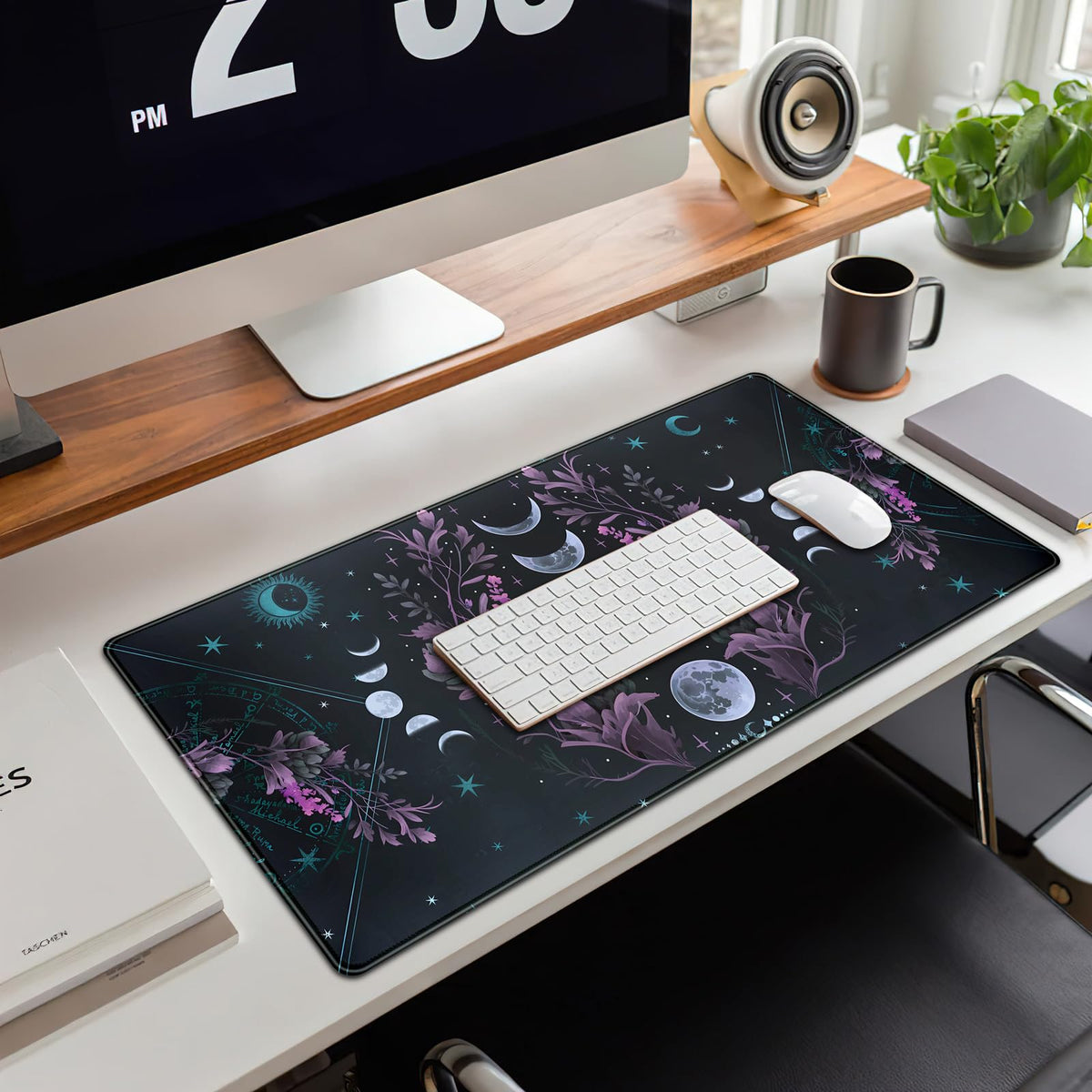 Celestial Moon Phases Mouse Pad Large Purple Desk Mat Forest Extended Gaming Mousepad Violet Teal