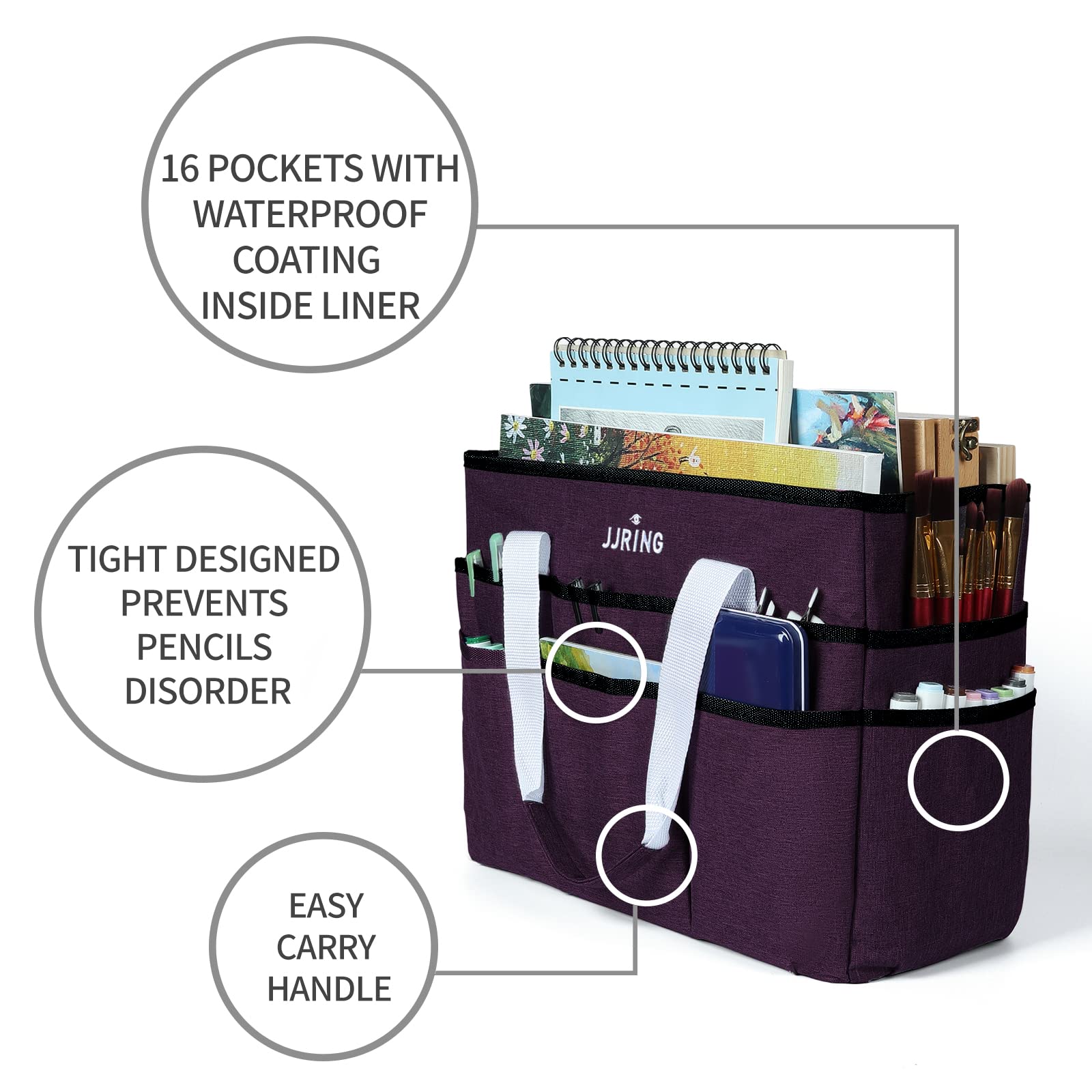 JJRING Craft Organizer Tote Bag Large Art Storage Caddy Deep Purple