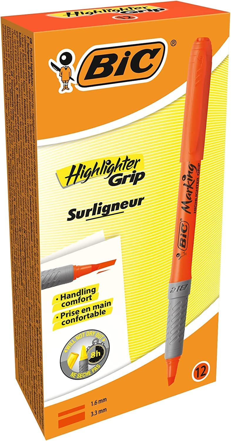 Bic Highlighter Grip Pens - Orange, Box of 12