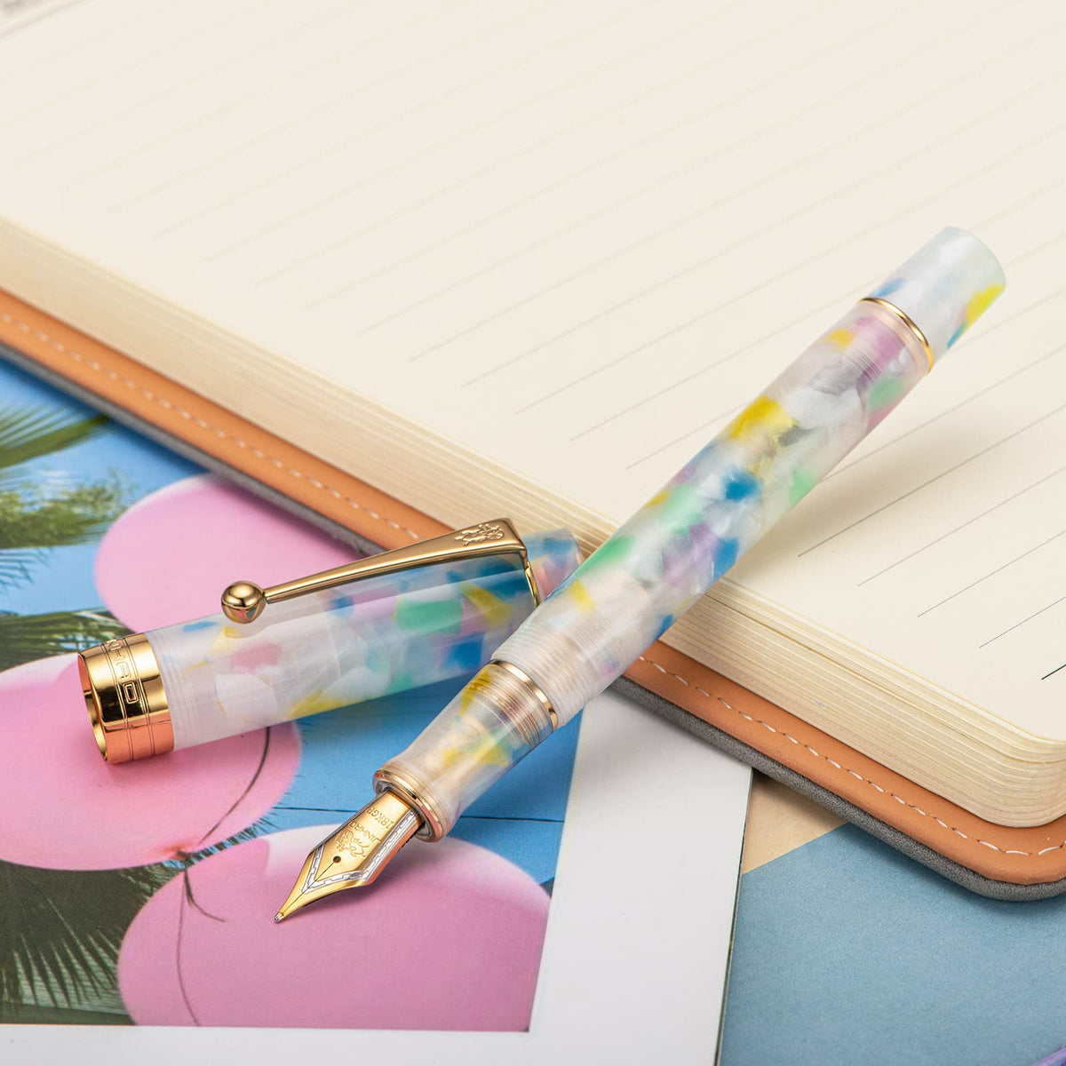Jinhao 100 Fountain Pen Classic Style Rainbow Acrylic, Fine Point with Converter and Gold Trim Pen