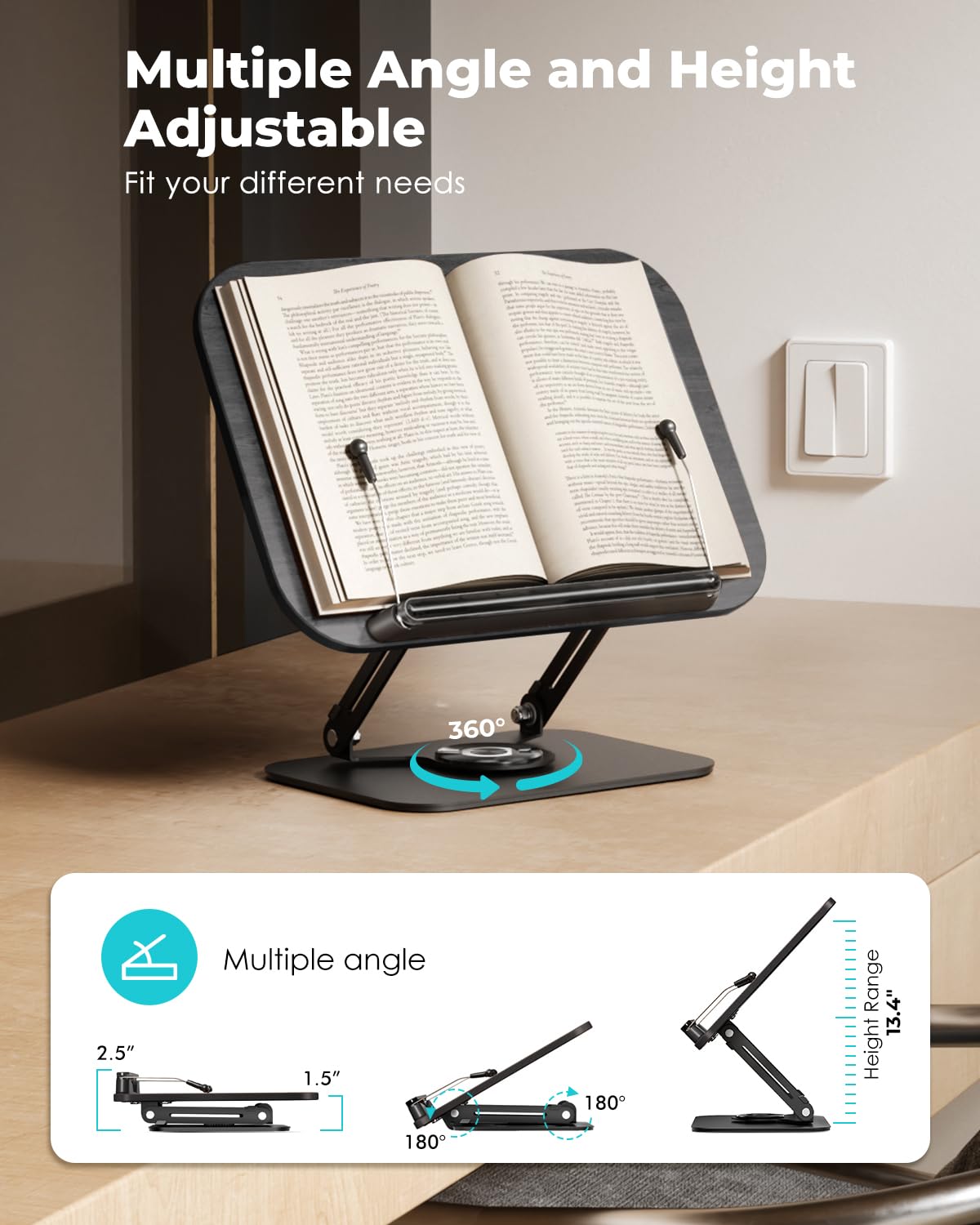Viozon Book Stand for Reading,Book Holder, Height&Angle Adjustable, 360° Rotating Base, Foldable