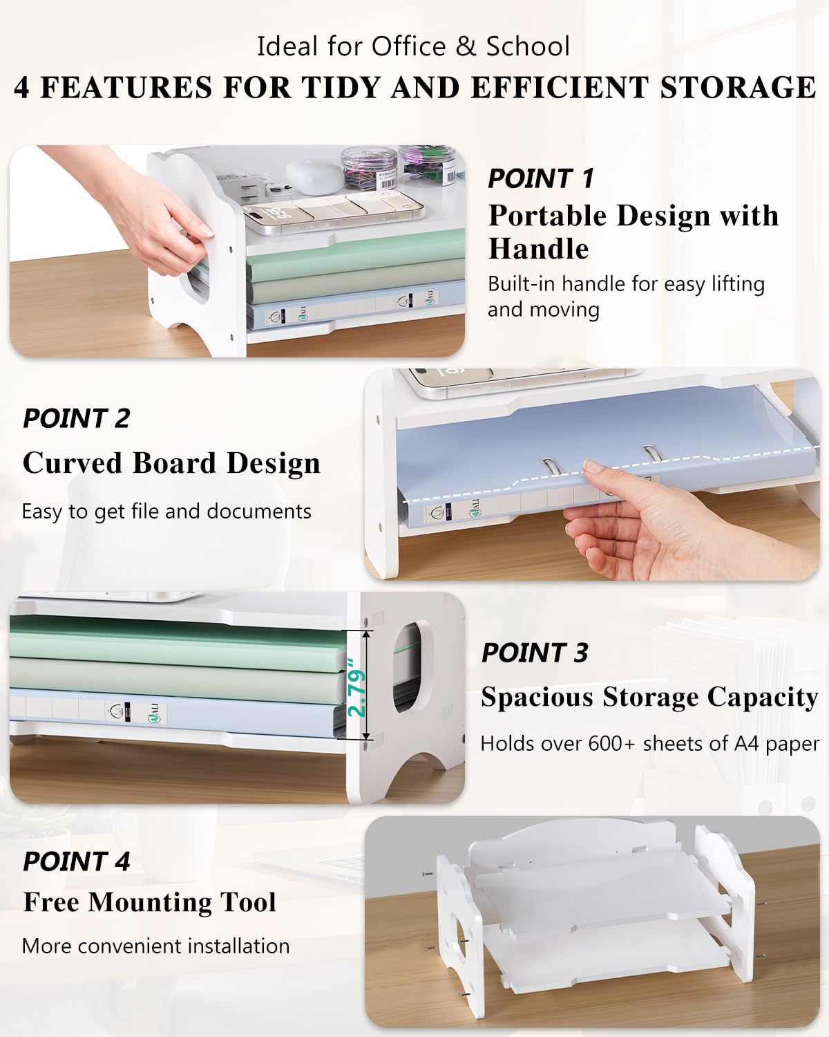 WALI Desk File Organizer, 2 Tier Stackable Desktop Paper Letter Tray Organizer with Handle, Office