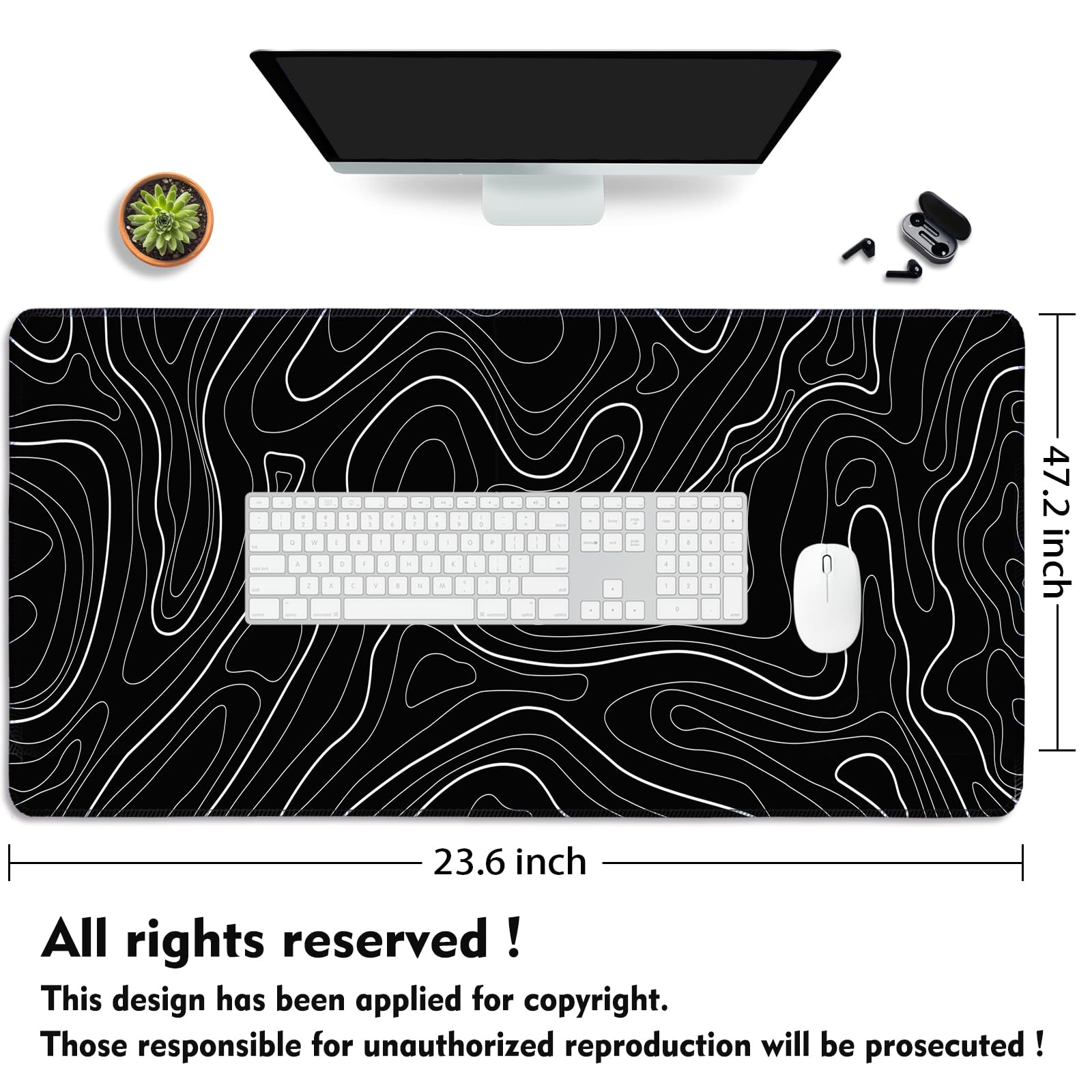 Black Topographic Mouse Pad XXXL - Giant Full Desk Gaming Mat, Huge Keyboard Pad for Ultimate