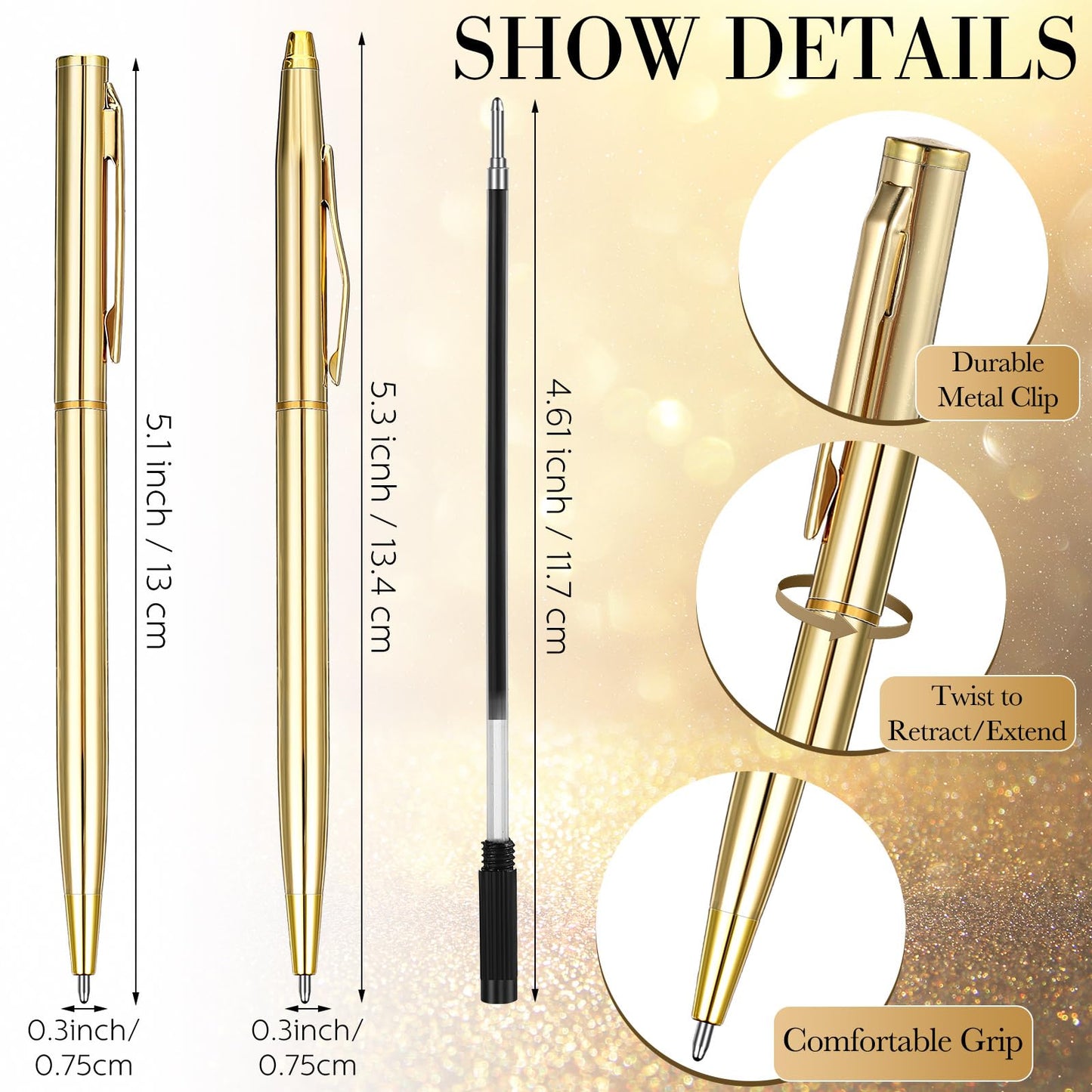 Fuutreo 150 Pack Gold Pens Bulk Metal Slim Ballpoint Retractable Black Ink