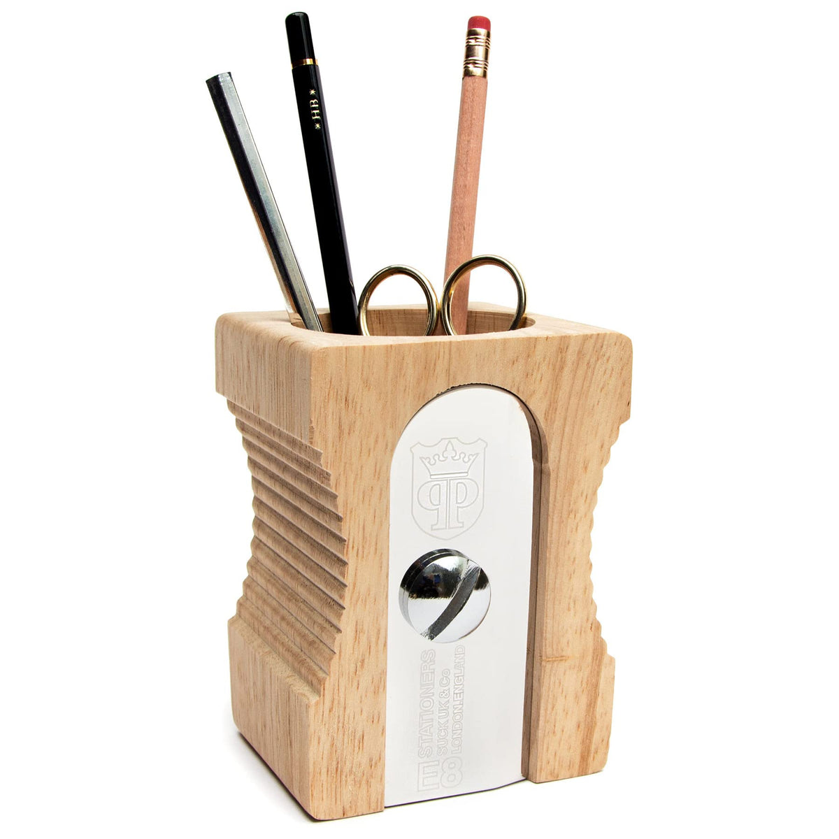 Suck UK Pen Holder - Wooden Pencil Sharpener - Stationary Organiser - Desk Tidy - Quirky Office