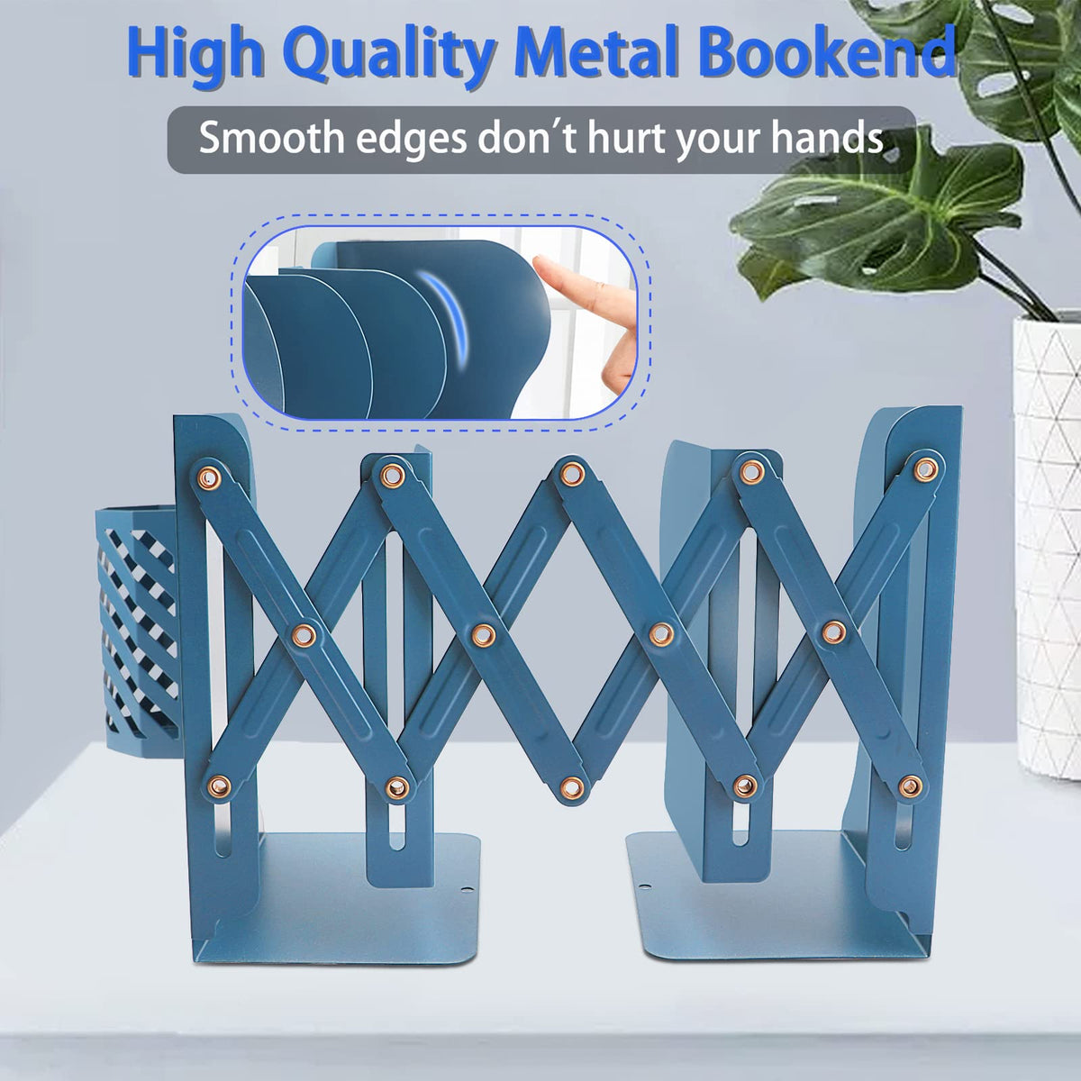 Heavy Duty Book Ends to Hold Books with Pen Holder, Carooyac Adjustable Bookends, Metal Book Ends