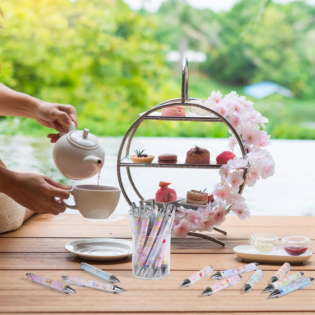 Cholemy 48 Pcs Floral Tea Party Favors Tea Party Ink Pens Vintage Teapot Pens Bulk Fancy