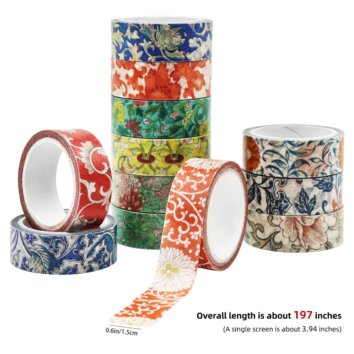 Berkin Arts 12 Rolls Art Floral Designs Washi Tape Set - 15 mm Wide Decorative Adhesive Masking