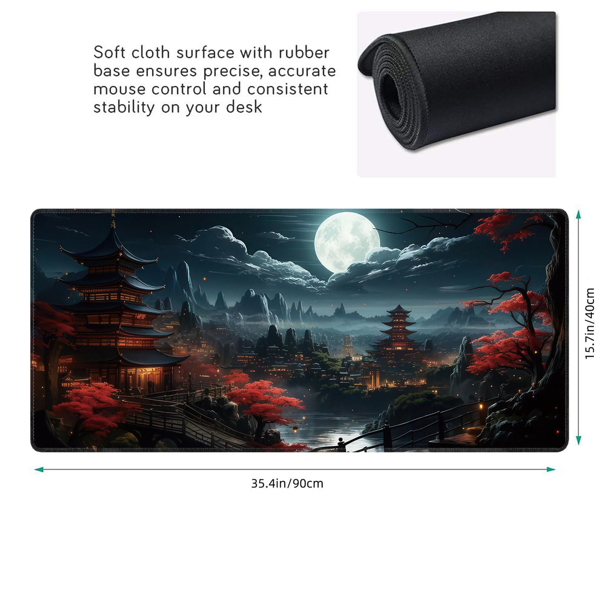 Japanese Full Moon Large Mouse Pad,Gaming Keyboard Desk Pad,Extended Mouse Mat Non-Slip Rubber Base