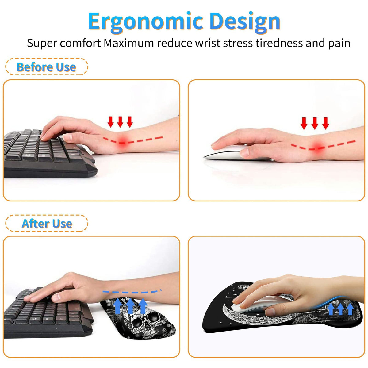 Ergonomic Memory Foam Keyboard Wrist Rest Pad Set, Skull Moon Butterfly
