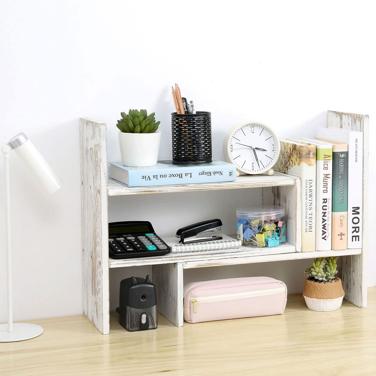 MyGift Adjustable Whitewashed Solid Wood Desktop Storage Organizer Display Shelf Book Rack, Office
