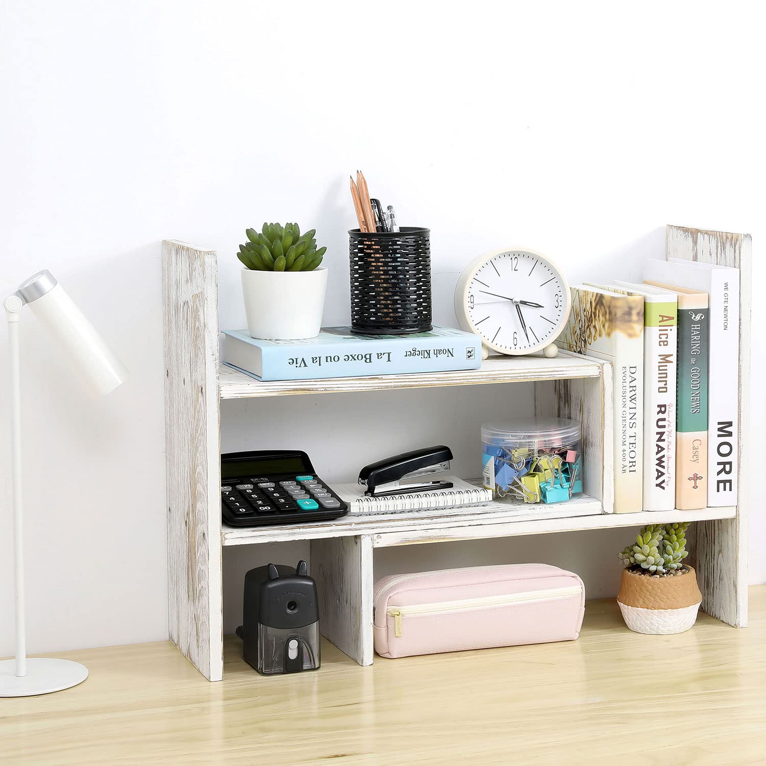 MyGift Adjustable Whitewashed Solid Wood Desktop Storage Organizer Display Shelf Book Rack, Office