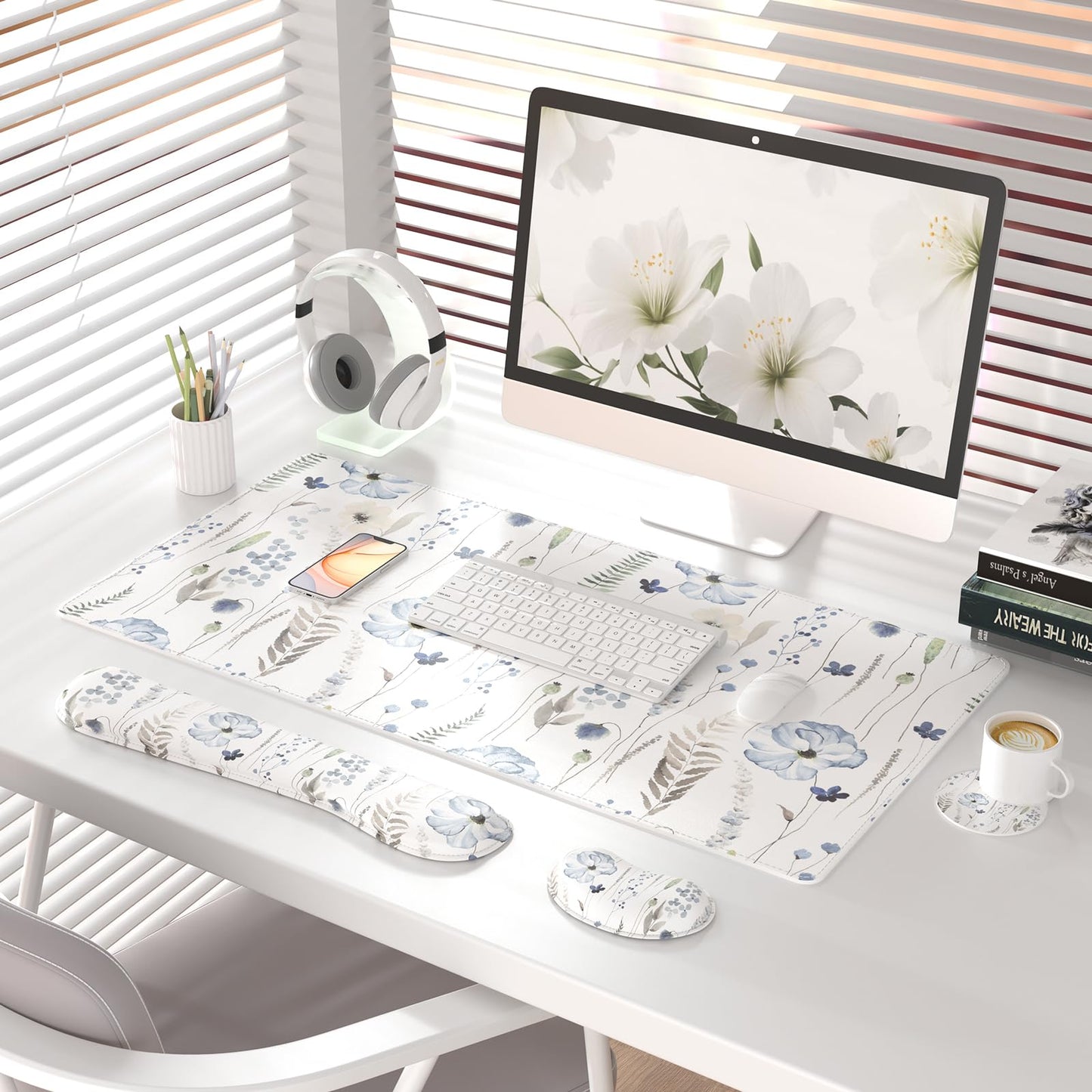 QiyI PU Leather Desk Mat Set, 4-in-1 Ergonomic Wrist Rest, Wildflowers