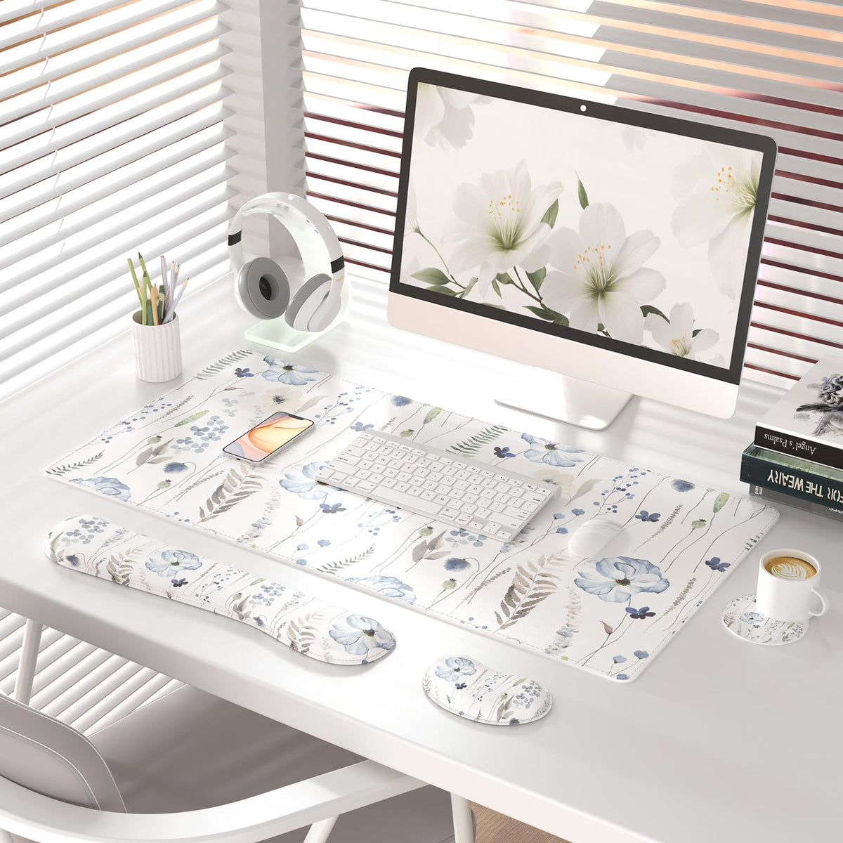 QiyI PU Leather Desk Mat Set, 4-in-1 Ergonomic Wrist Rest, Wildflowers