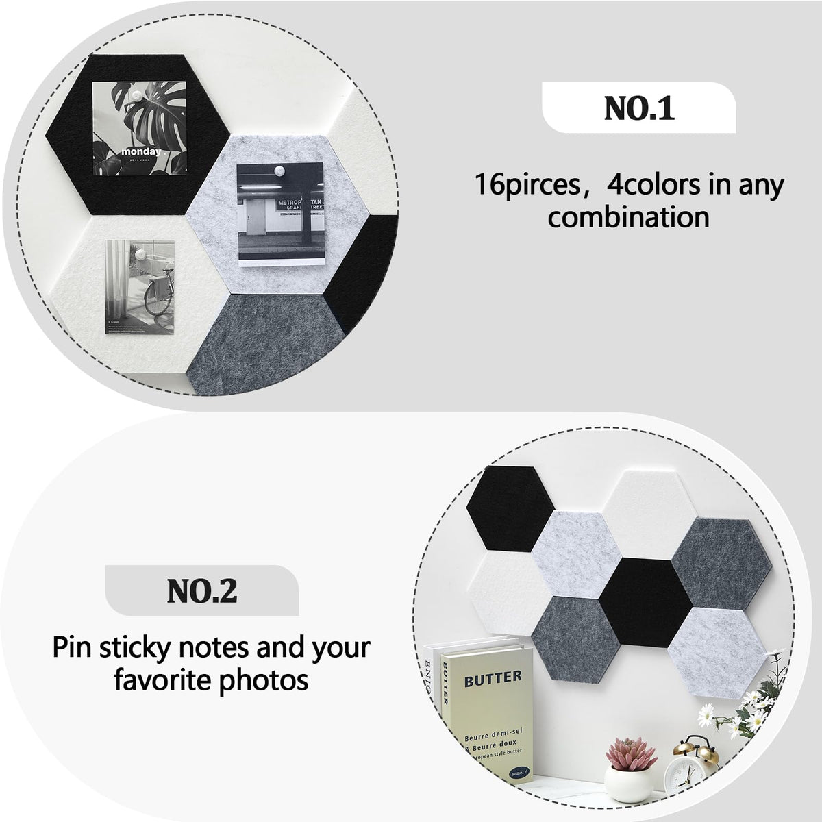 6.7 x 5.9 in 16 Pcs Hexagon Cork Board Tiles, Felt Pin Boards, Grey