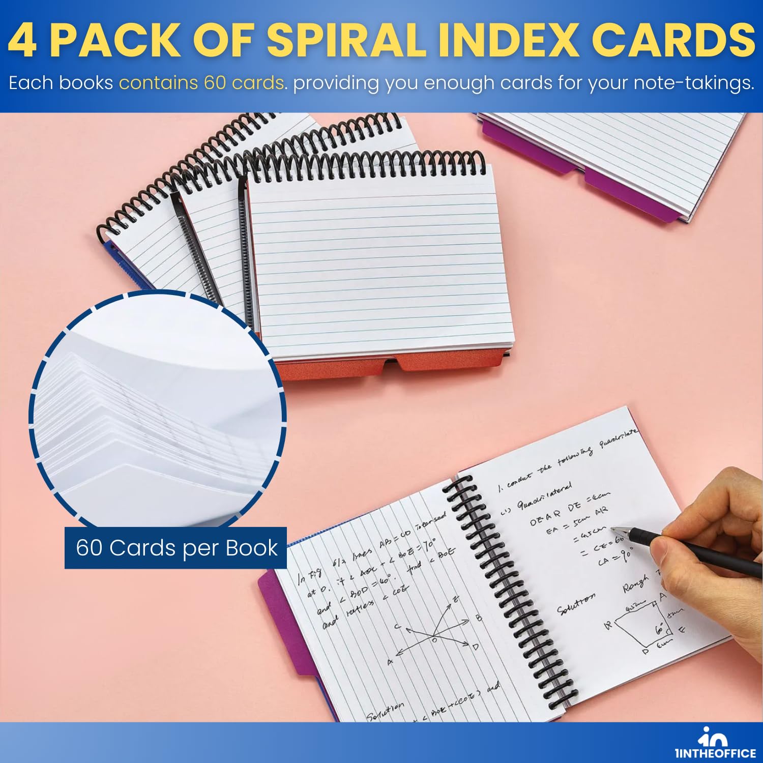 1InTheOffice Index Cards 4 x 6 Ruled, Spiral Bound, 120 White Cards/Spiral, 4 Pack (4)