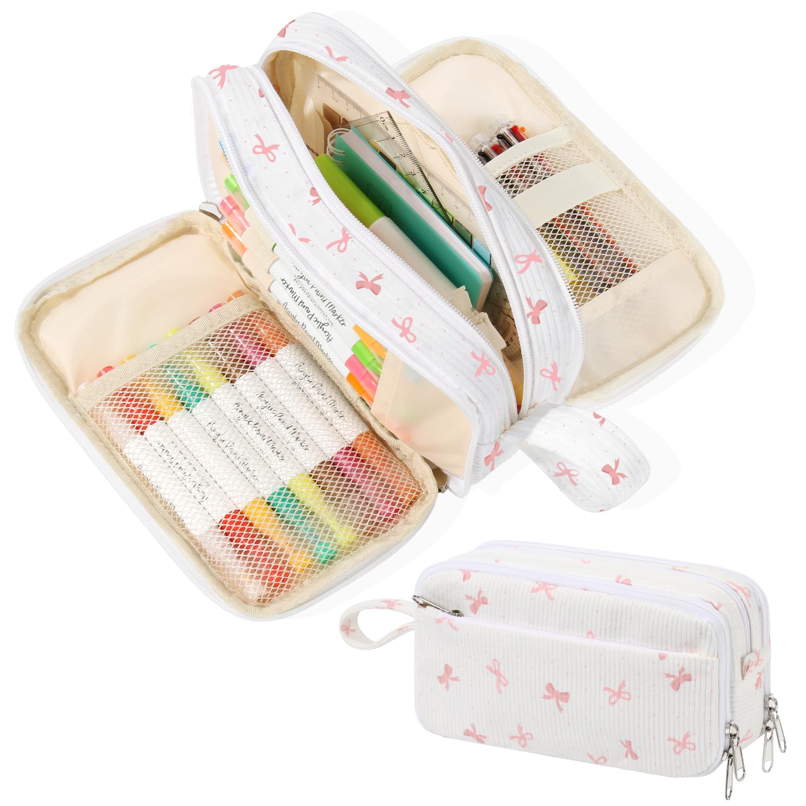 BuyCard Large Capacity Cute Pencil Case, Aesthetic Pen Pouch, White with Pink Bow Pattern Pencil