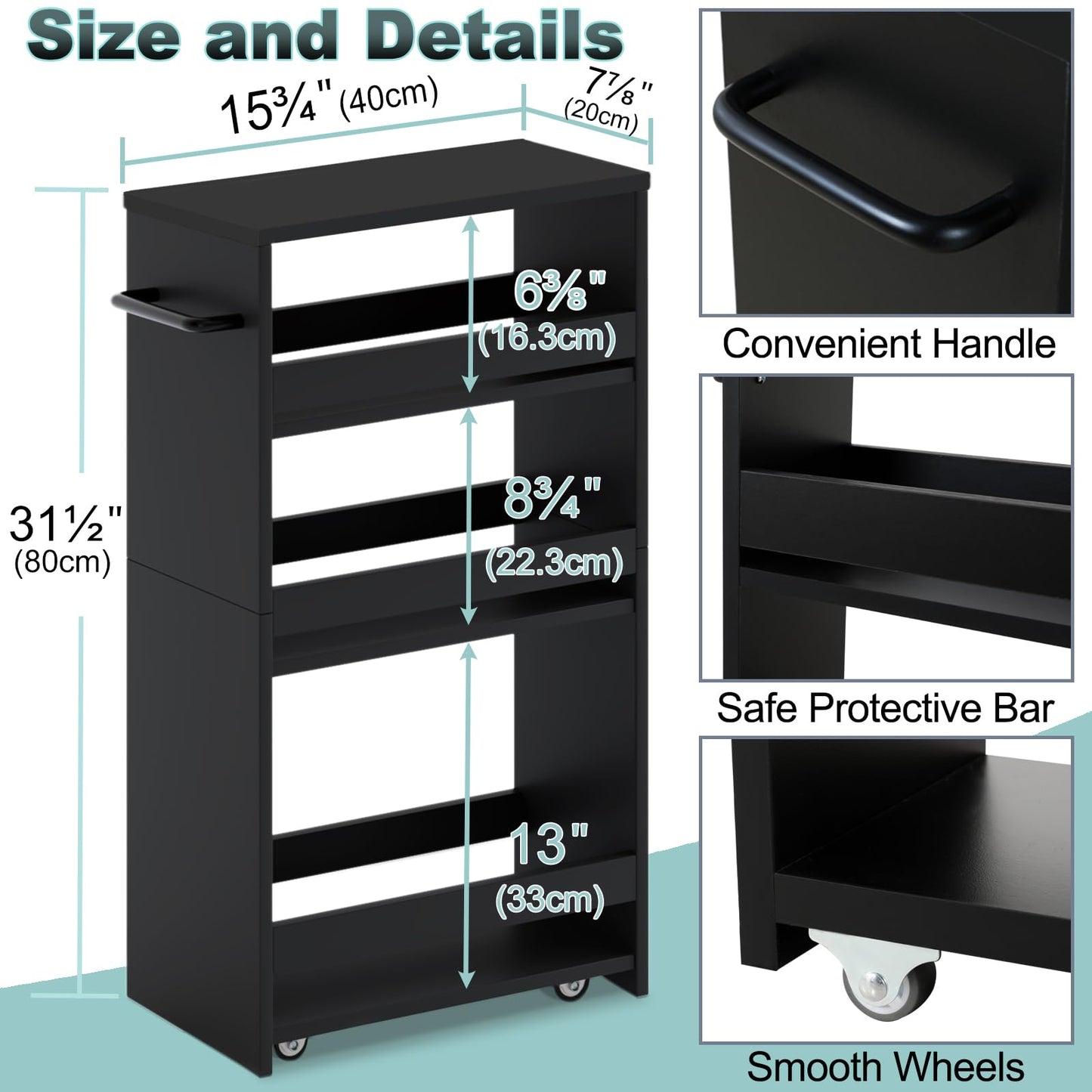 MARTY Slim Rolling Storage Cart, Wood Utility Kitchen Bathroom Laundry Cart