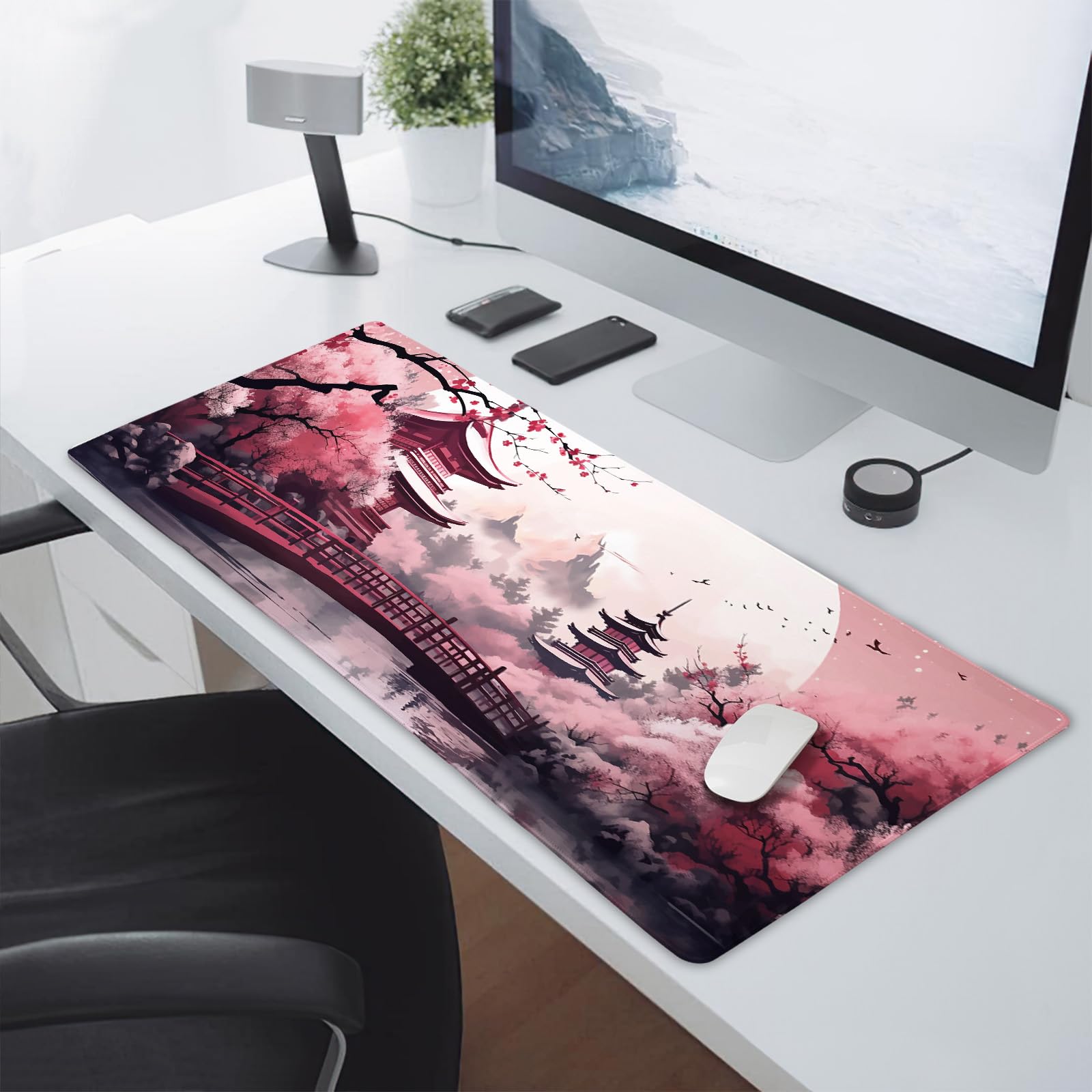 Pink Japanese Cherry Blossom Large Mouse Pad XXL Sakura Forest Tree Sun Tower Mountain Extended