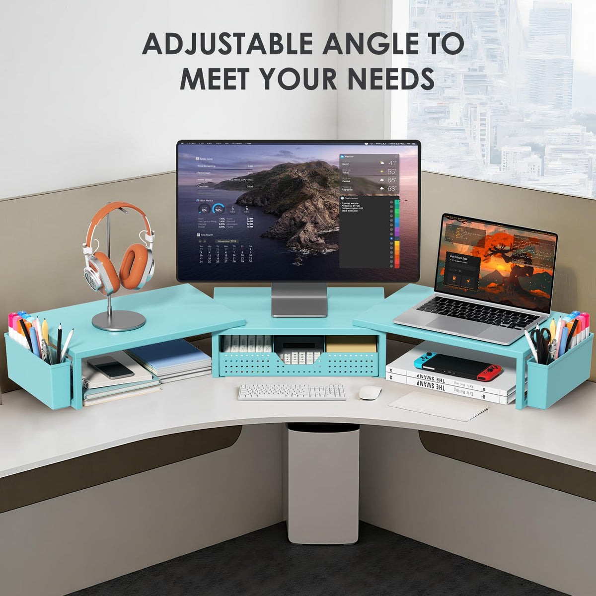 Desk Organizers and Accessories, Dual Monitor Stand Riser with Drawer and 2 Pen Holders, Desk Shelf