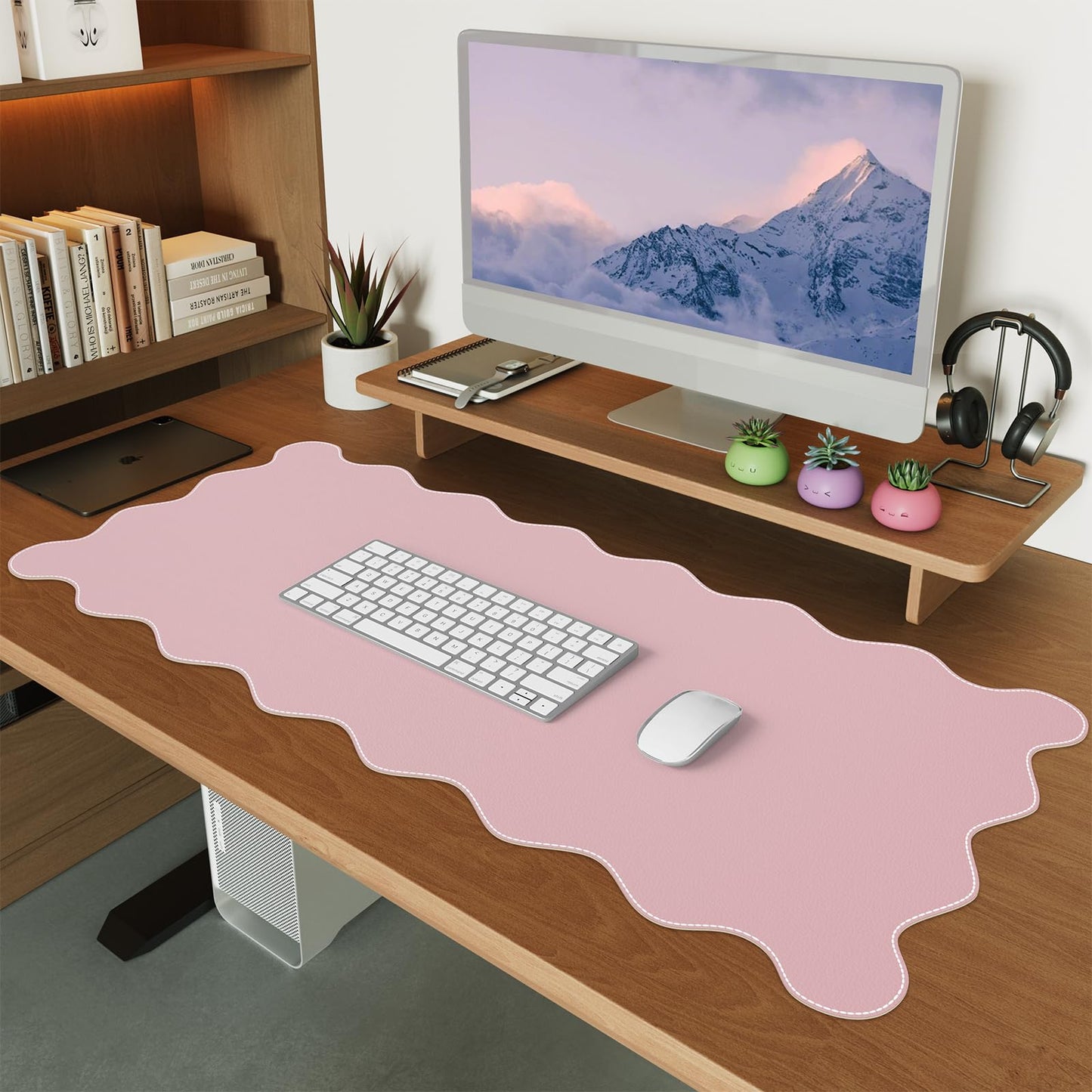 iCasso Pink Scalloped Table Mat, 35.4"x15.7" Desk Pad for Workspace