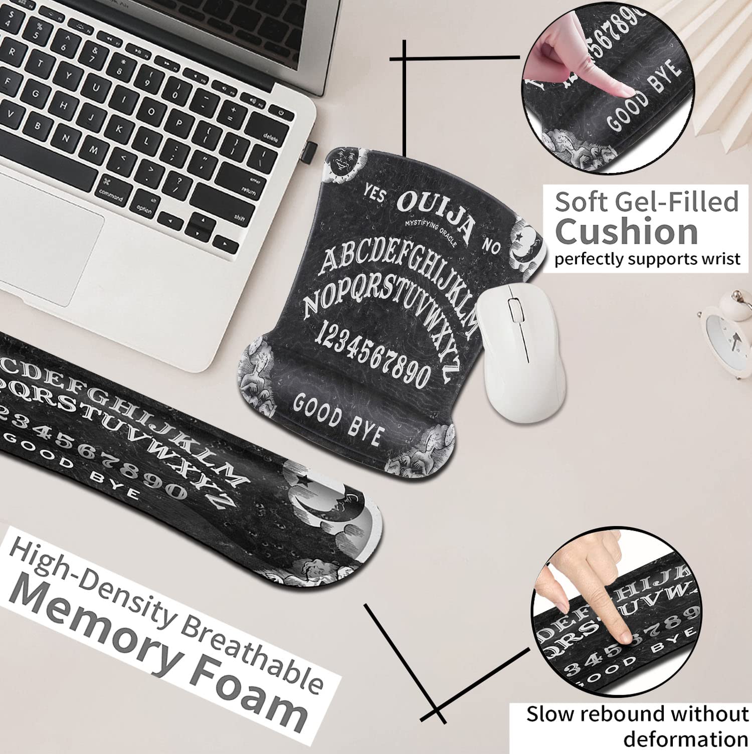 Black Mouse Pad with Stitched Edge, Non-Slip Rubber Base, Ouija Board Witch Pattern, Office