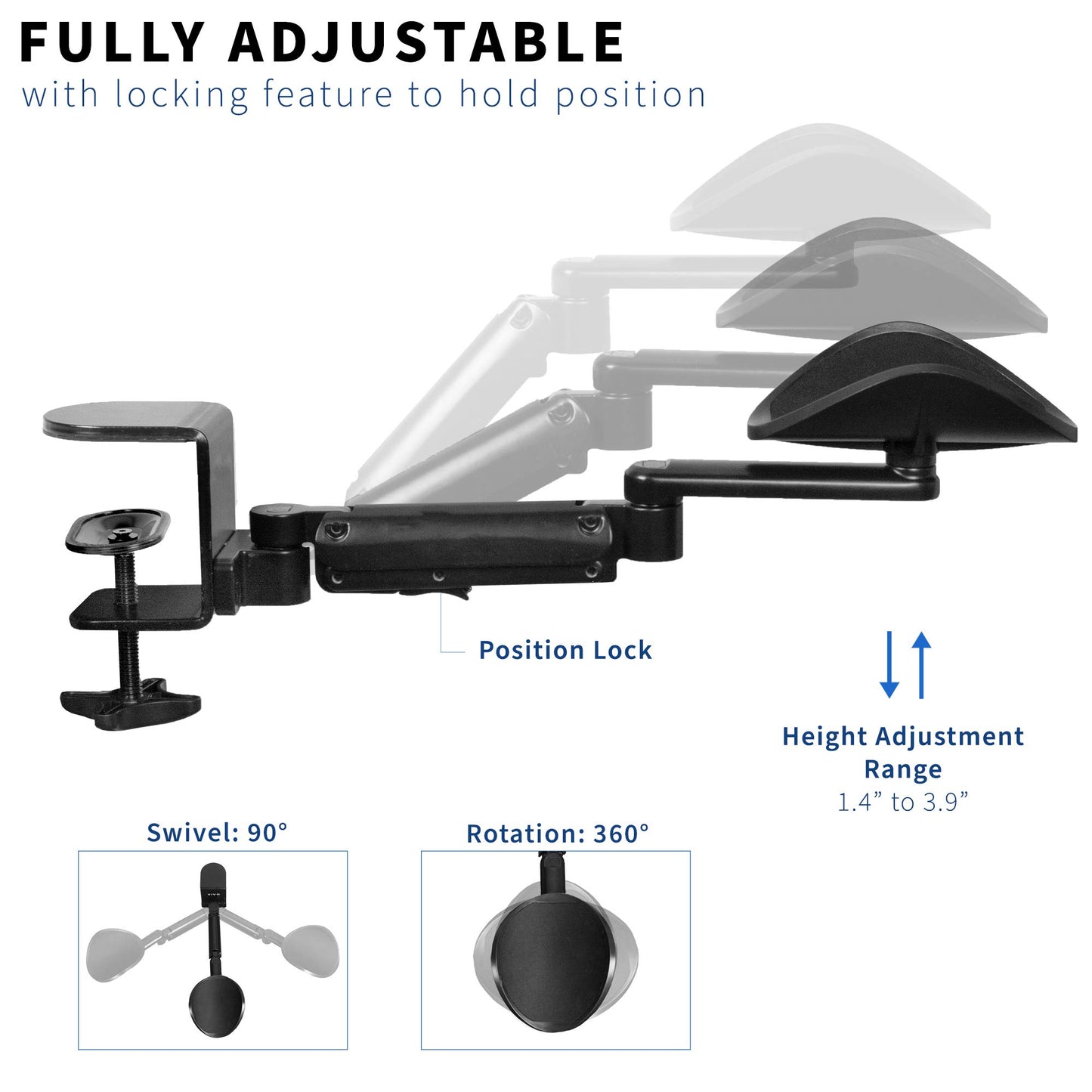 VIVO Black Clamp-on Adjustable Arm Rests, 2 Pack, MOUNT-ARM02P