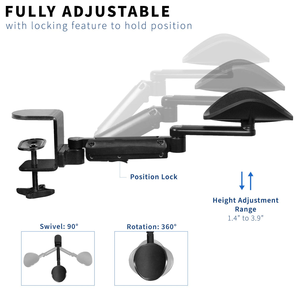 VIVO Black Clamp-on Adjustable Arm Rests, 2 Pack, MOUNT-ARM02P