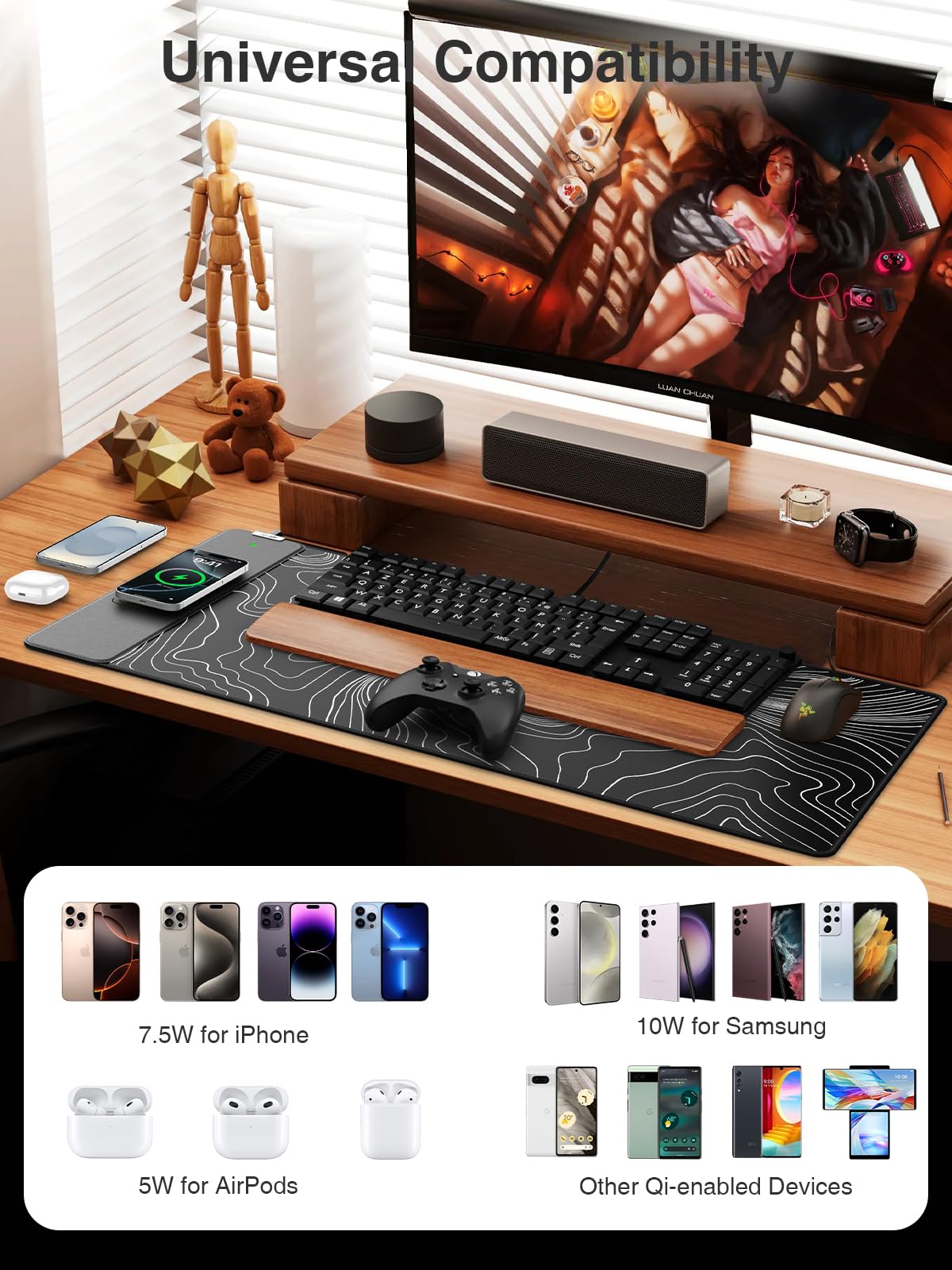 Wireless Charging Mouse Pad, 31.5"x15.8" Large Desk Mat, Smooth Glide
