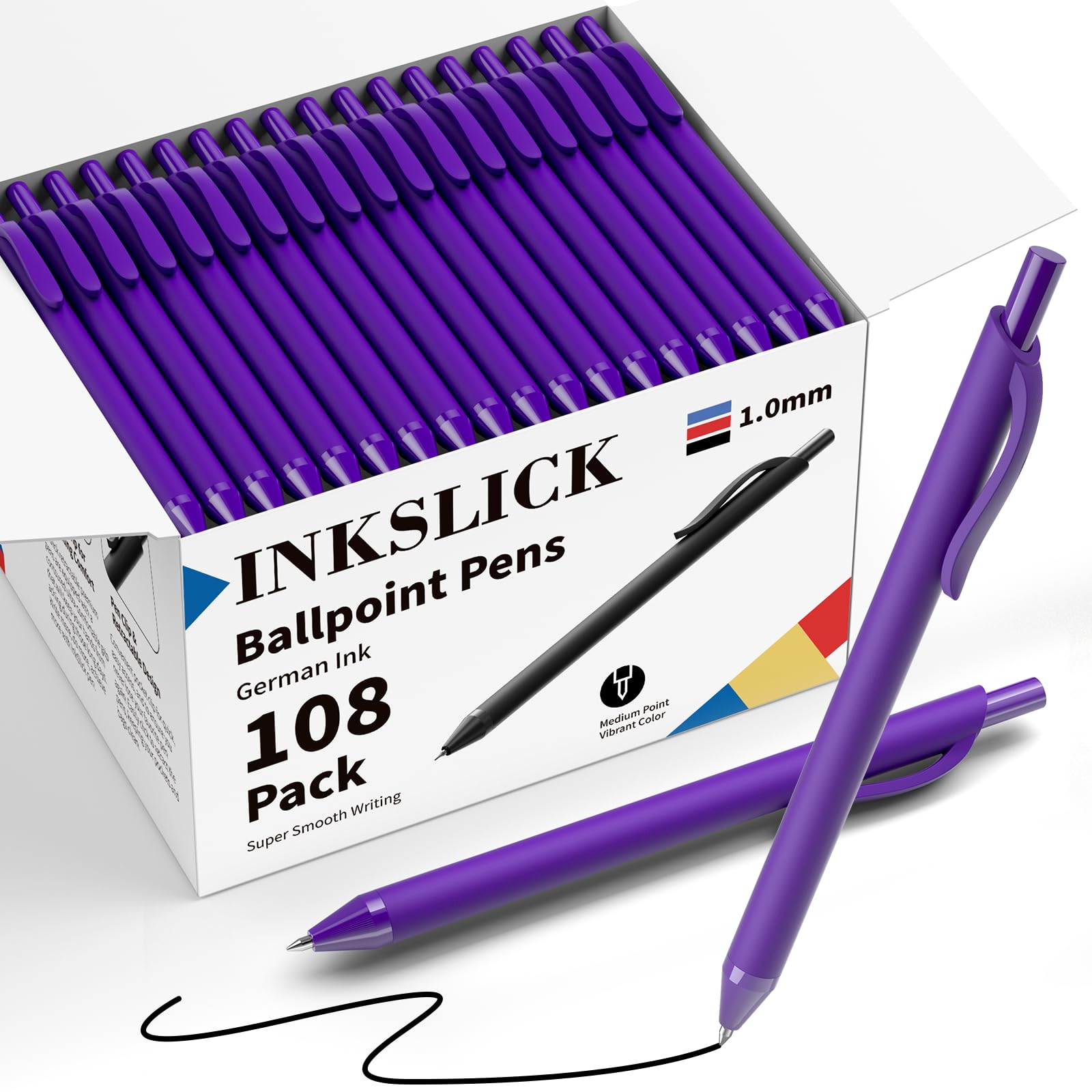 InkSlick 108 Pack Black Ink Pens Bulk Retractable Ballpoint Pens 1.0mm