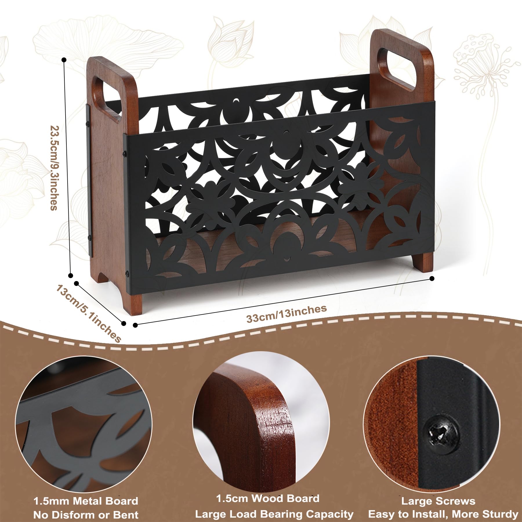 QILICHZ Magazine Holder,Oak Wood Magazine Rack Floor,Lotus Pattern