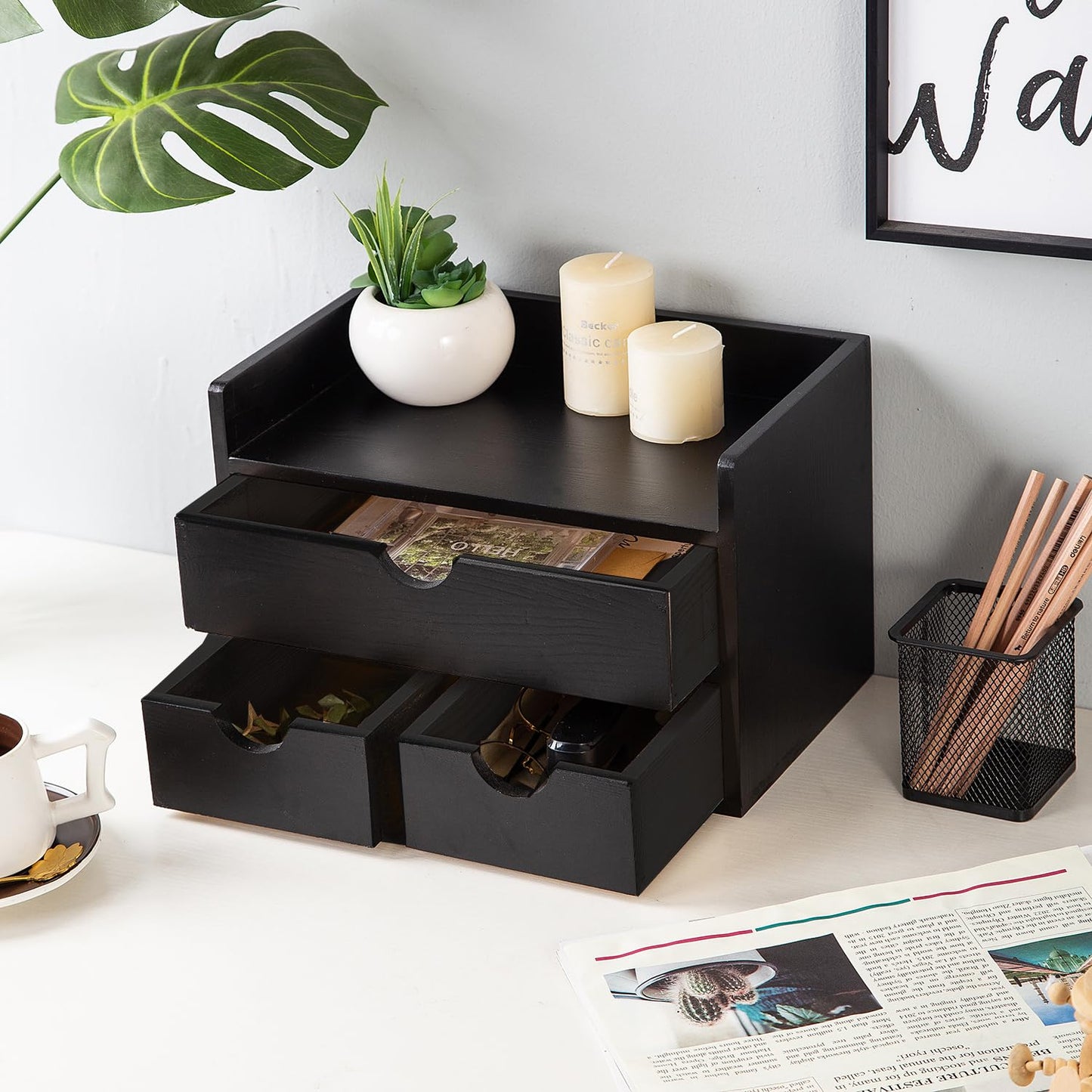 Rustic Distressed white 3-Tier Wood Desk Organizer with 3 Drawers Mini Storage Shelf For Desk