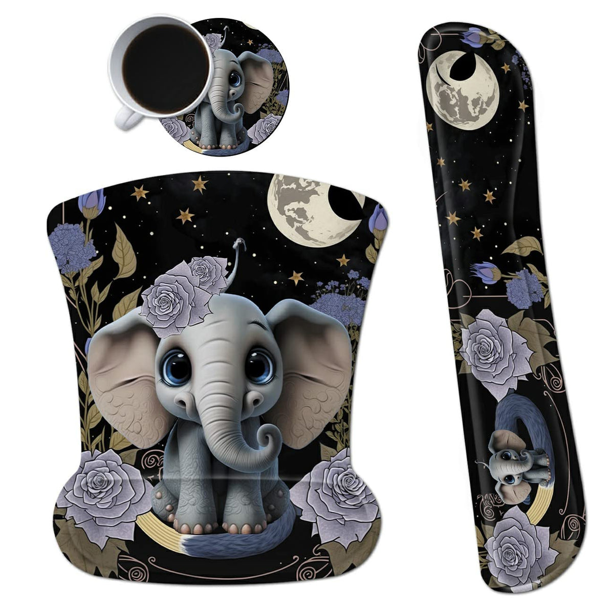 3Pcs Ergonomic Memory Foam Keyboard Wrist Rest Pad Set, Flower Elephant