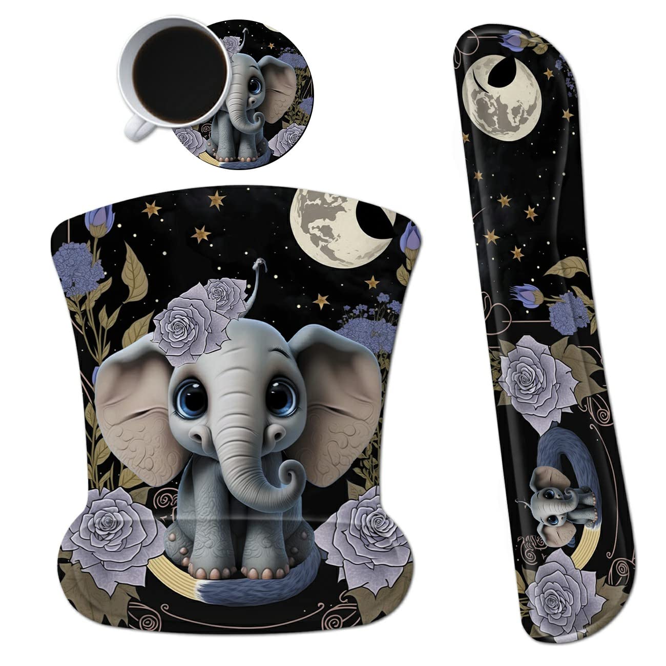 3Pcs Ergonomic Memory Foam Keyboard Wrist Rest Pad Set, Flower Elephant