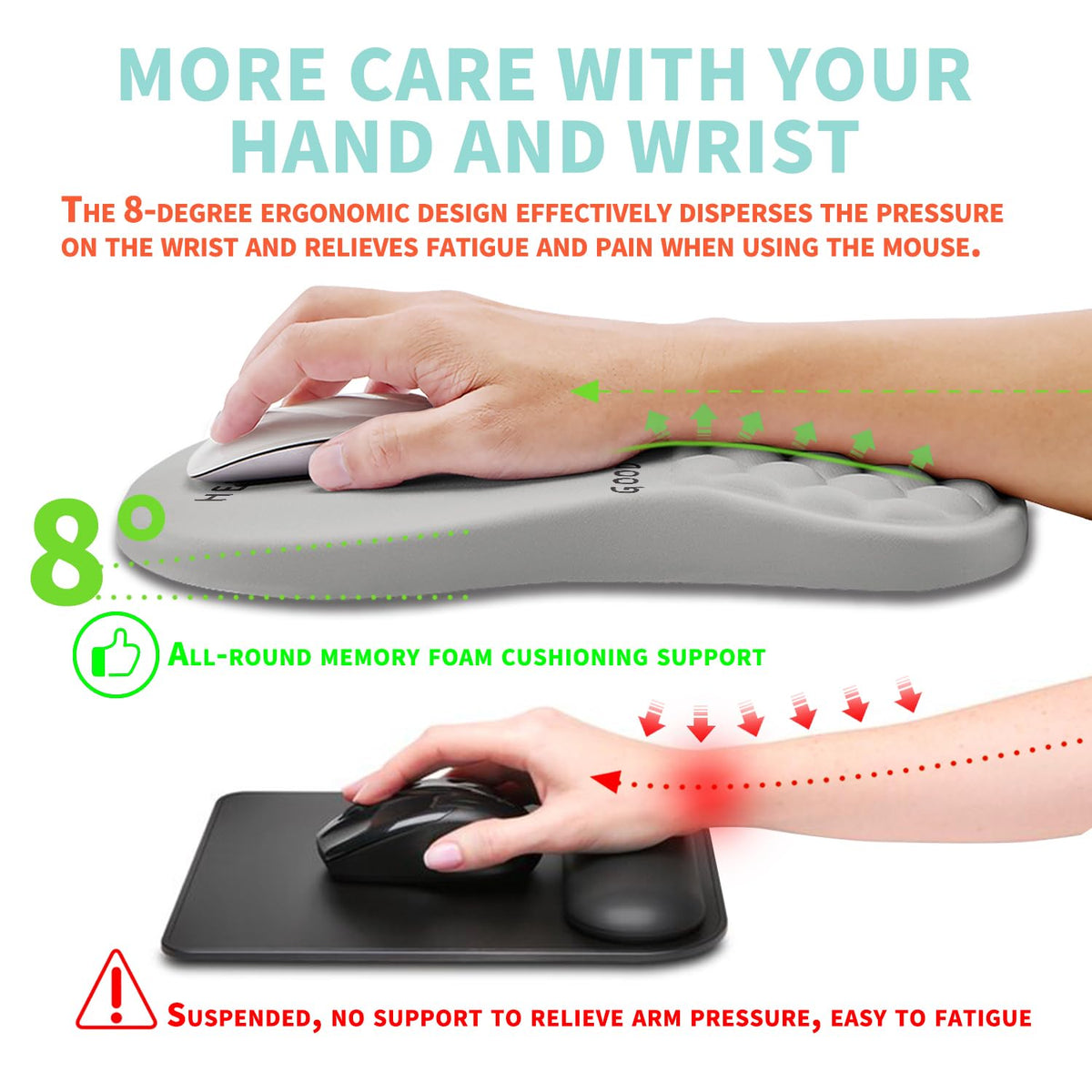 Kuosgm Ergonomic Mouse Pad Wrist Support with Memory Foam Massage Bulge, Carpal Tunnel Pain Relief