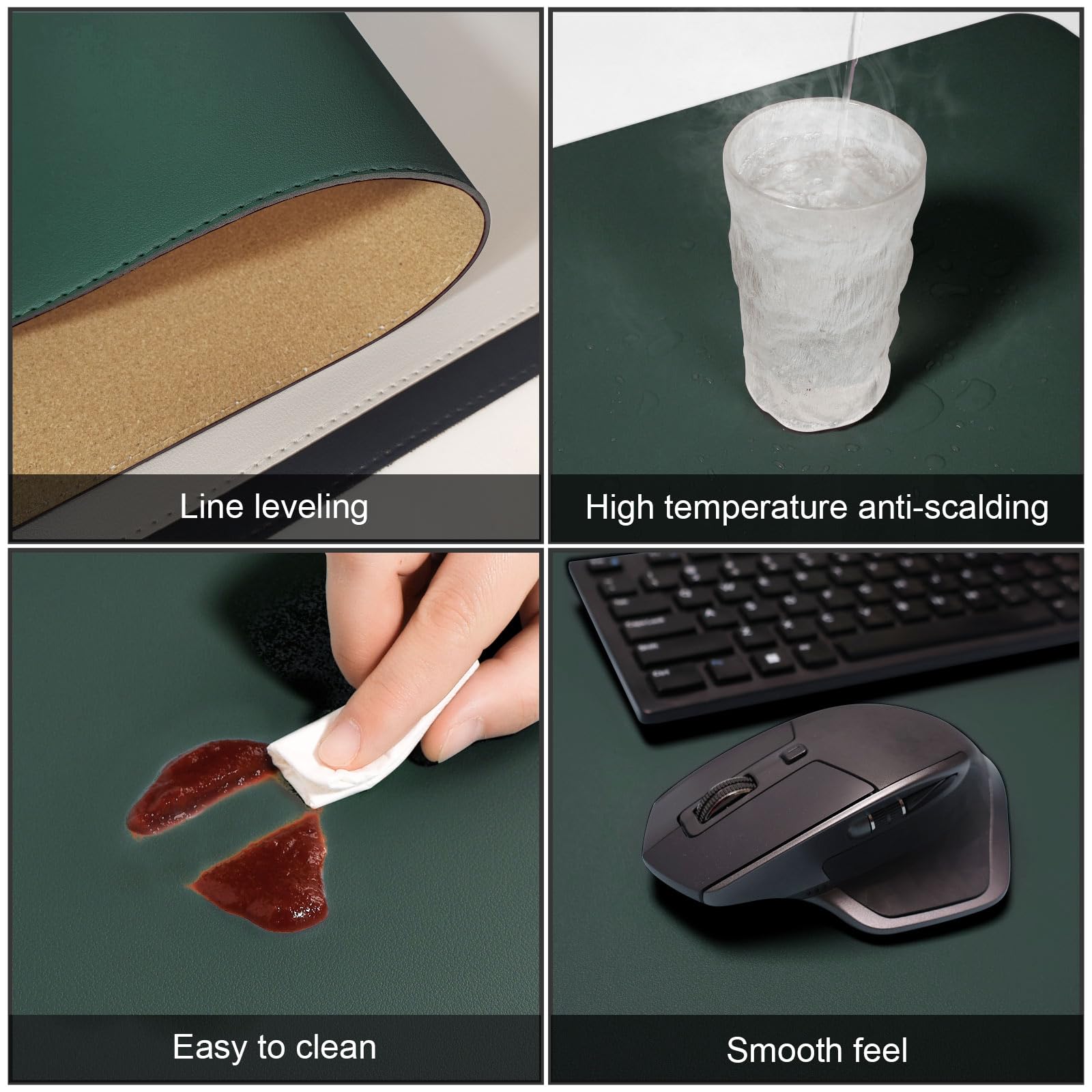DAWNTREES Dark Green Desk Mat,Leather Desk Pad,40"x16",Cork Desk Mat Protector,with PU Leather